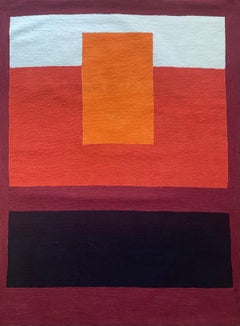 Red Meditation -textile abstract geometric orange, burgundy stitched wool framed