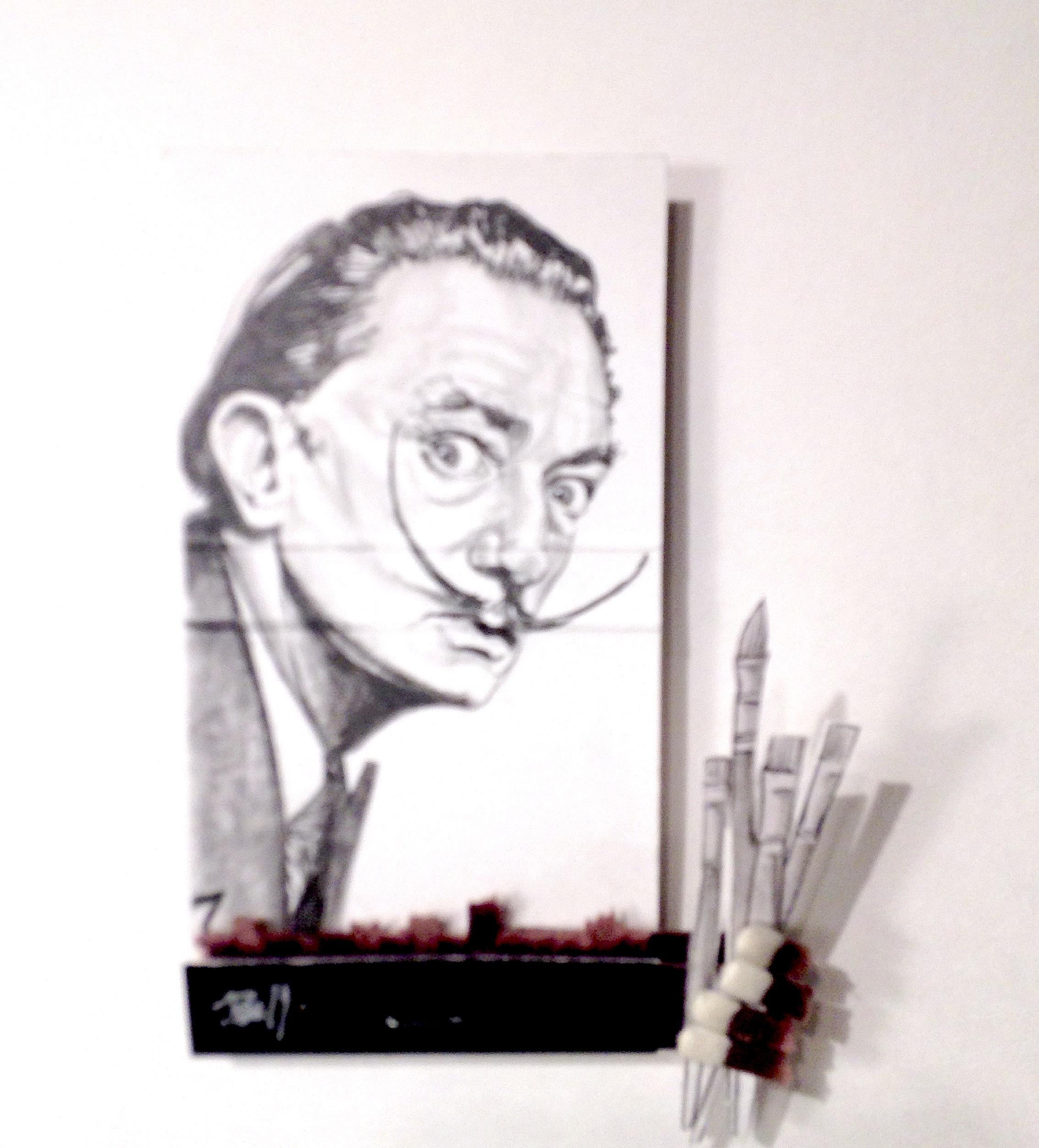 MB visual Portrait - Salvator Dali- figurative black and white portrait on matchbox