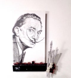 Salvator Dali- figurative black and white portrait on matchbox