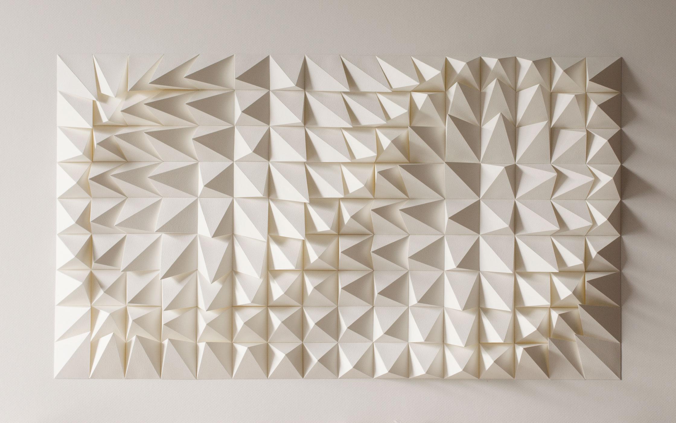 Anna Kruhelska Abstract Drawing - U 163 - white abstract geometric minimalist 3D composition with folded paper 
