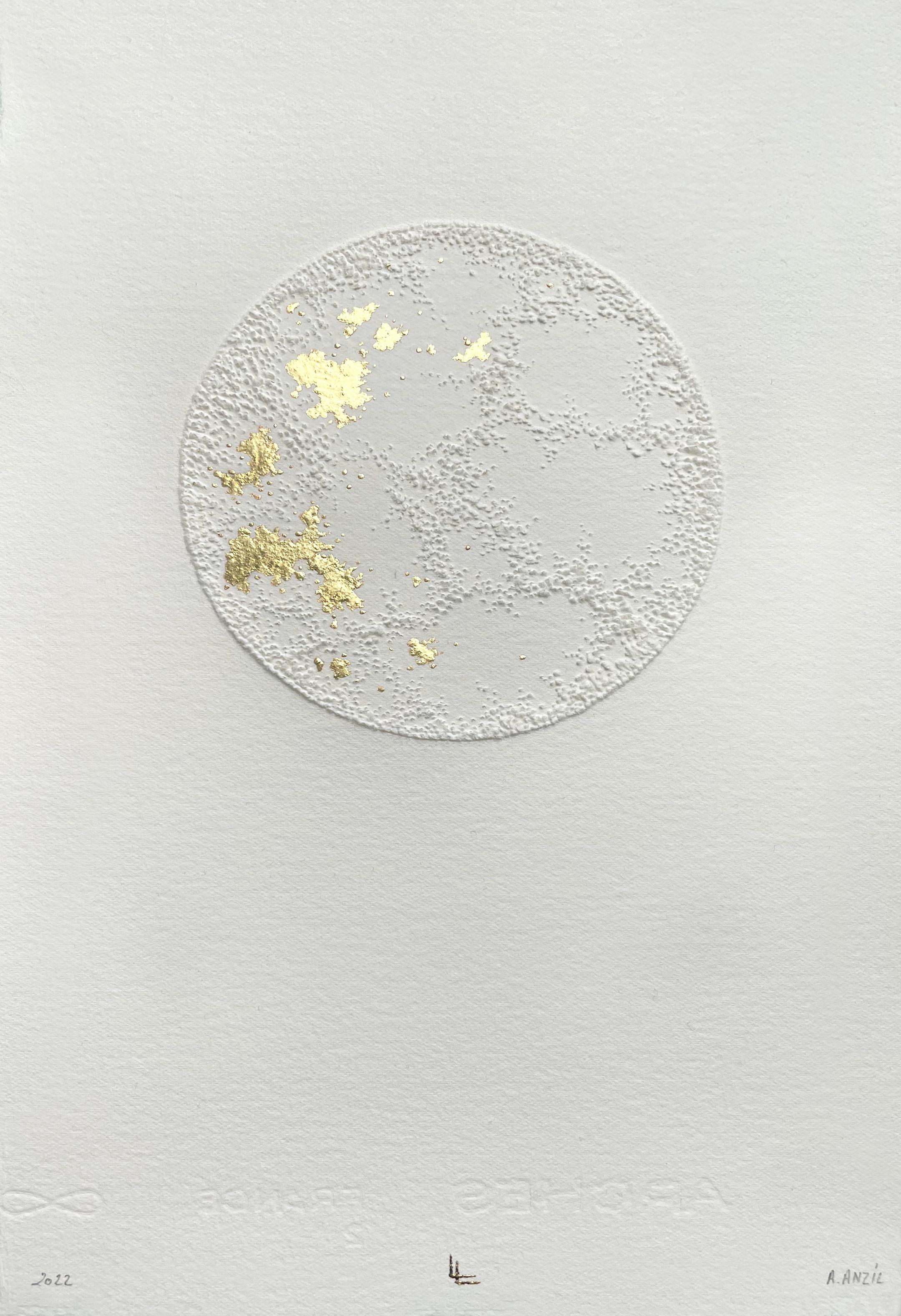 Moon 1 - white 3D abstract circle with gold leaves and pulled paper fiber