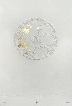 Moon 1 - white 3D abstract circle with gold leaves and pulled paper fiber