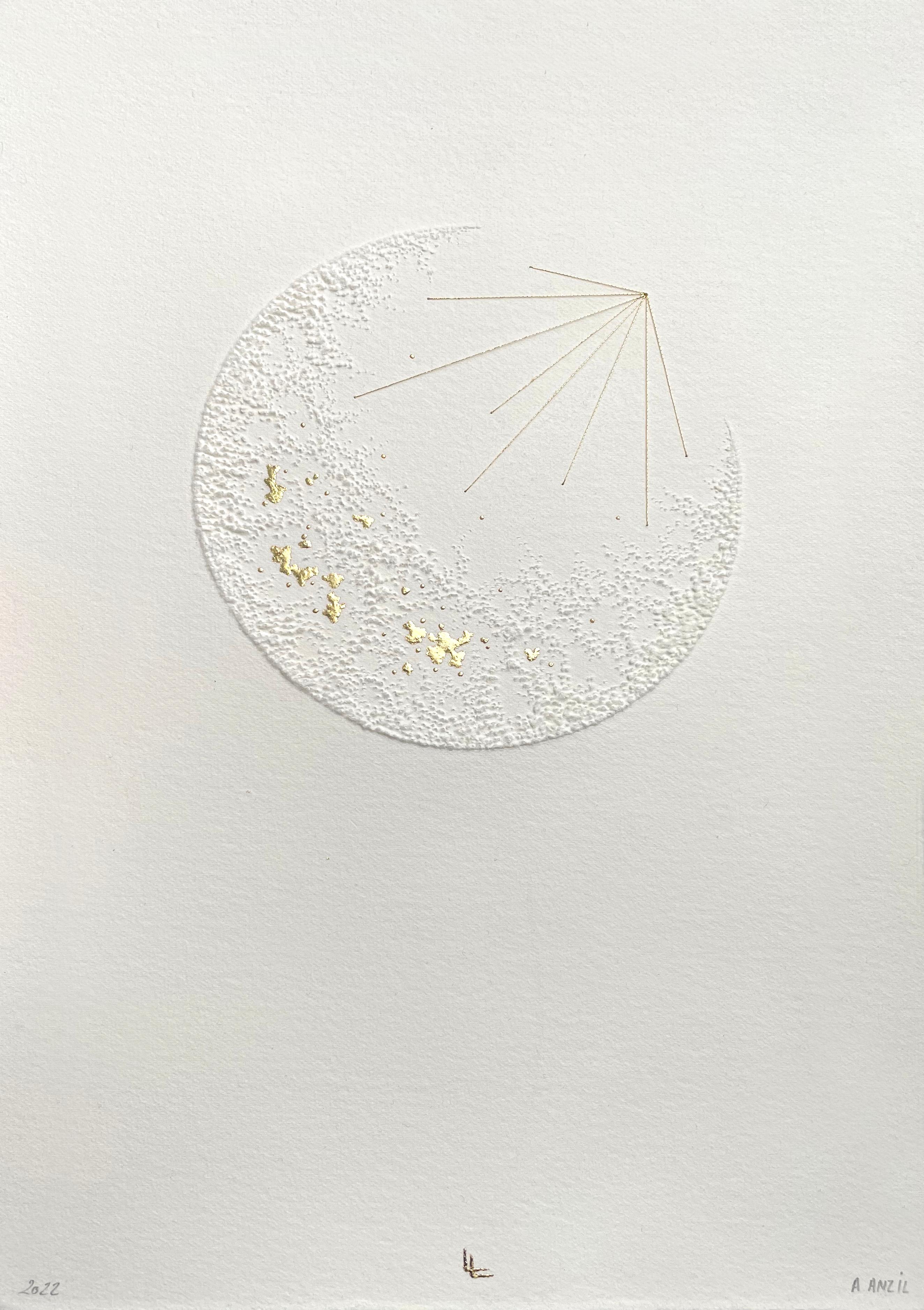 Moon 2- white 3D abstract circle with gold leaves. thread and pulled paper fiber