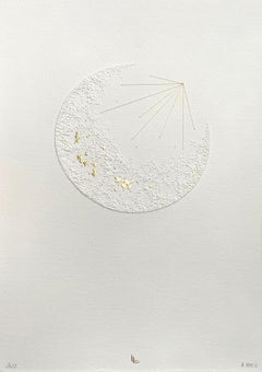 Moon 2- white 3D abstract circle with gold leaves. thread and pulled paper fiber