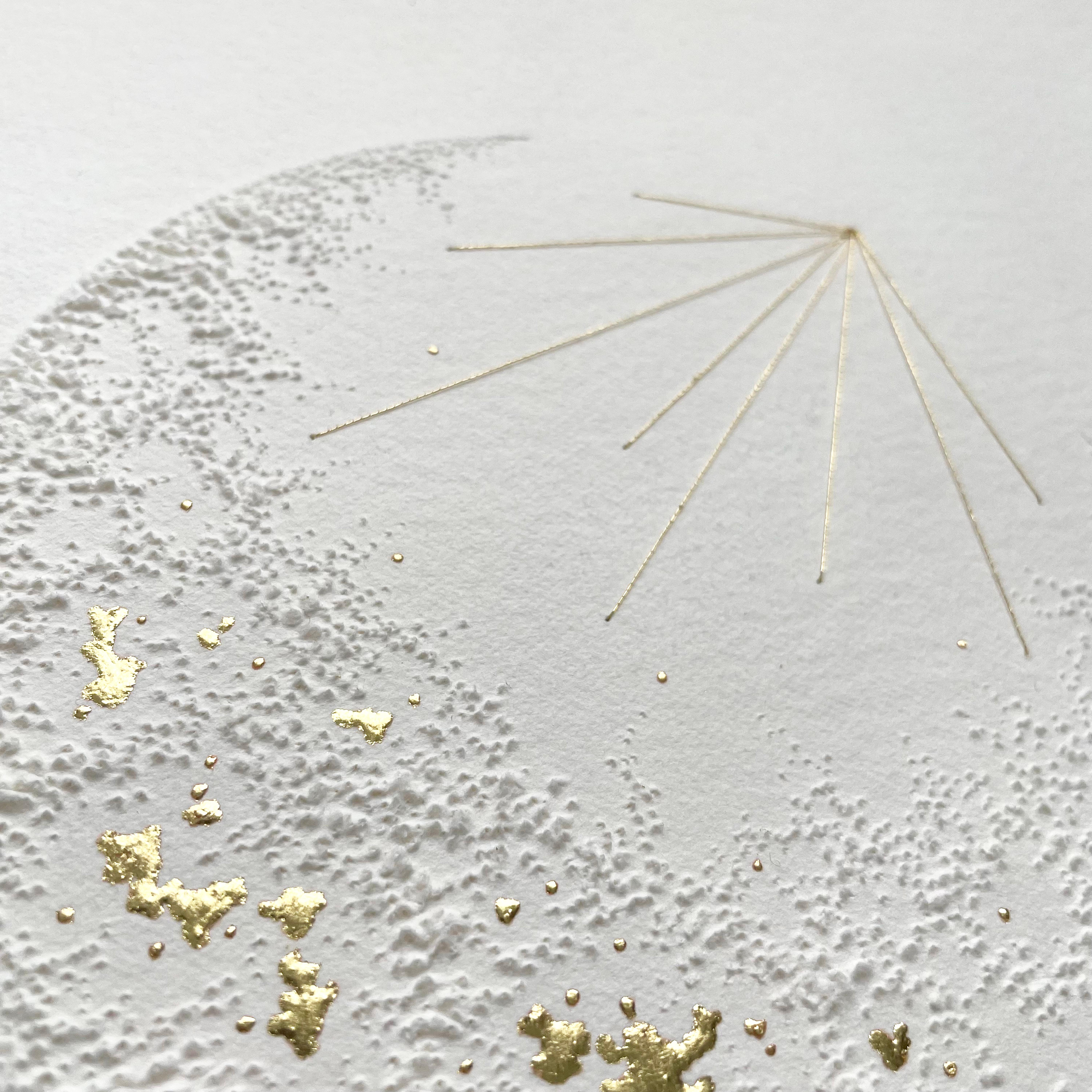 Moon 2- white 3D abstract circle with gold leaves. thread and pulled paper fiber - Gold Abstract Drawing by Antonin Anzil