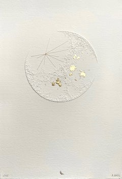 Moon 3- white 3D abstract circle with gold leaves. thread and pulled paper fiber