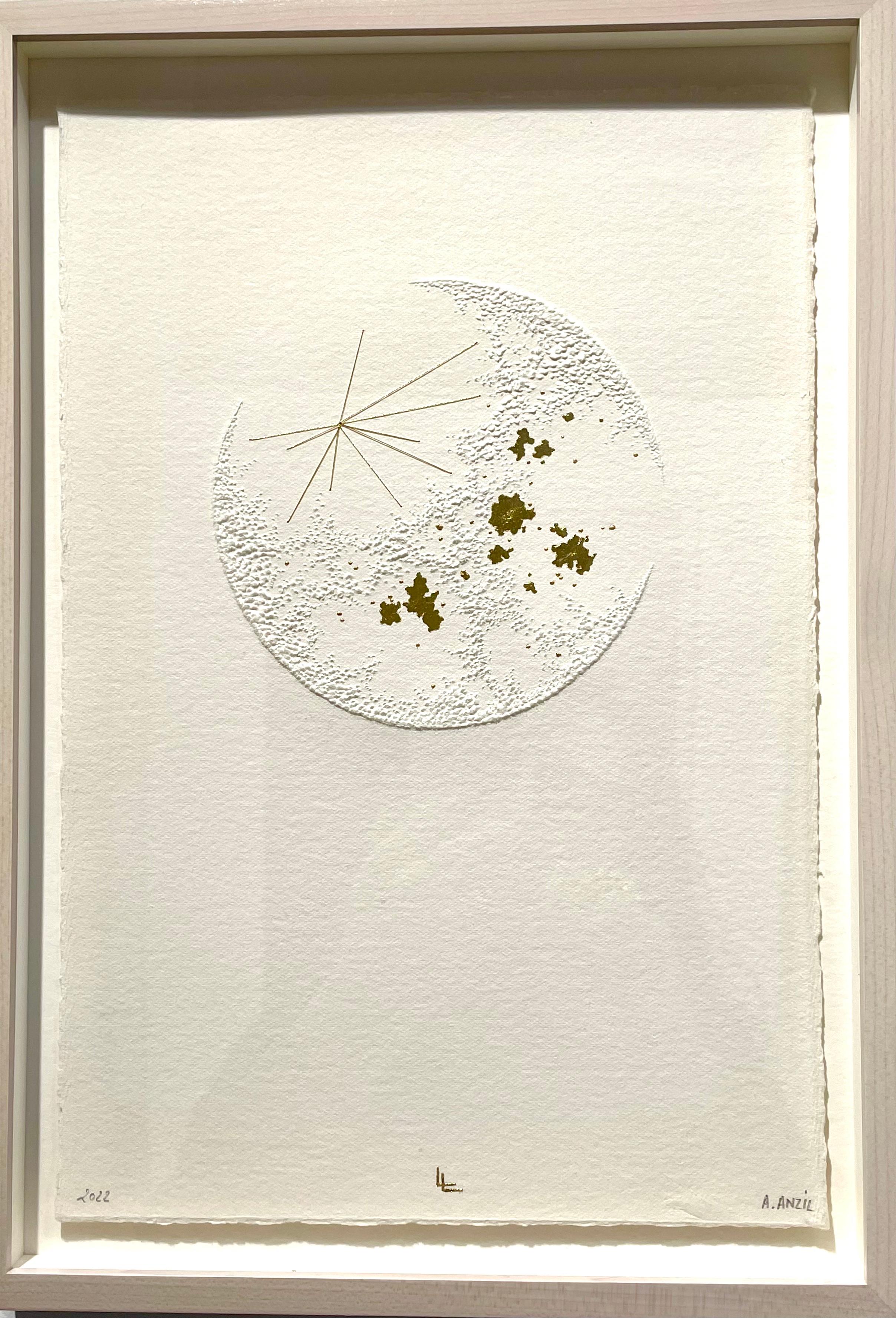 Moon 3- white 3D abstract circle with gold leaves. thread and pulled paper fiber 1