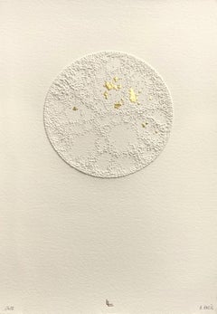 Moon 4- white 3D abstract circle with gold leaves and pulled paper fiber