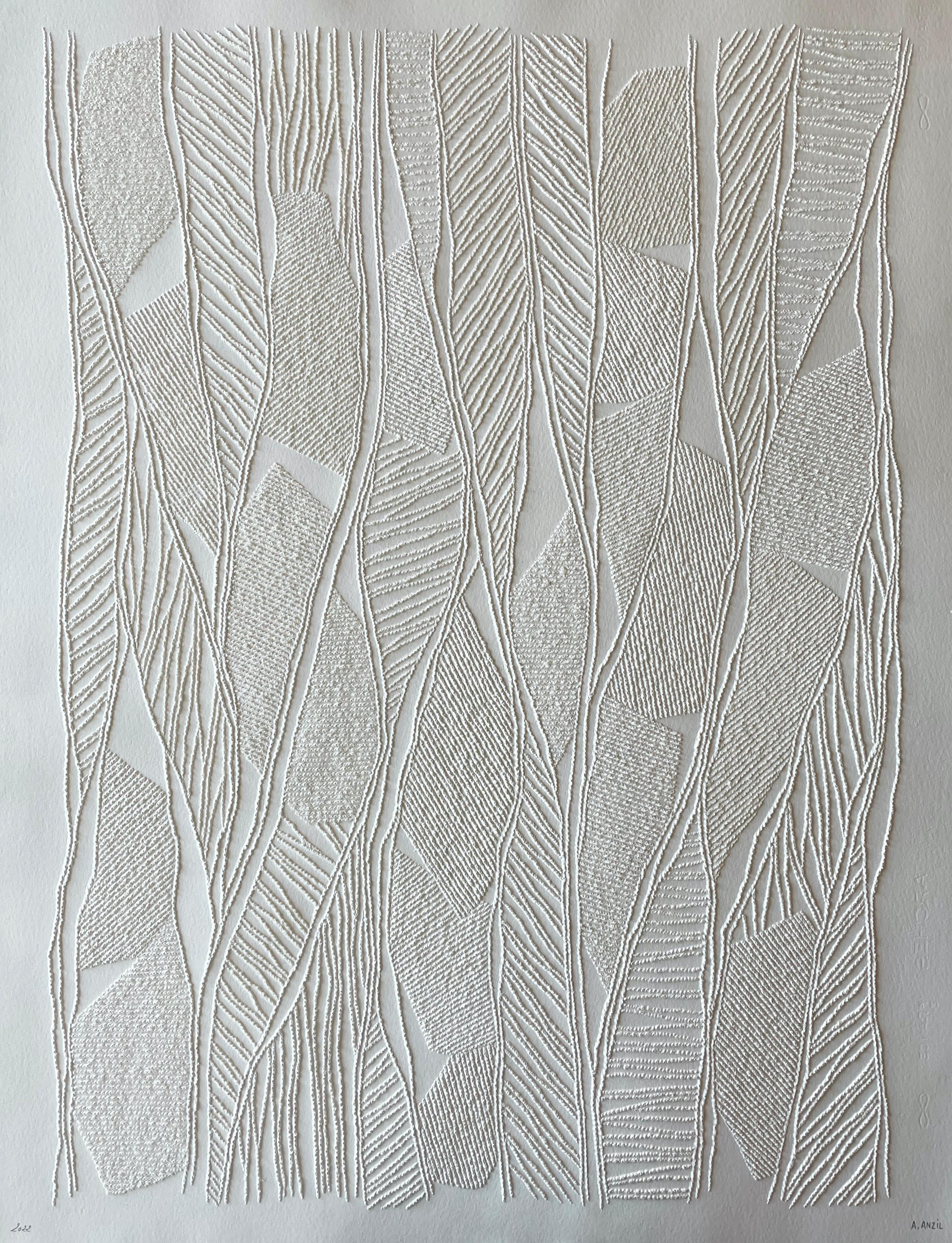 Antonin Anzil Abstract Sculpture - #2- intricate beige 3D abstract aerial landscape drawing with pulled paper fiber