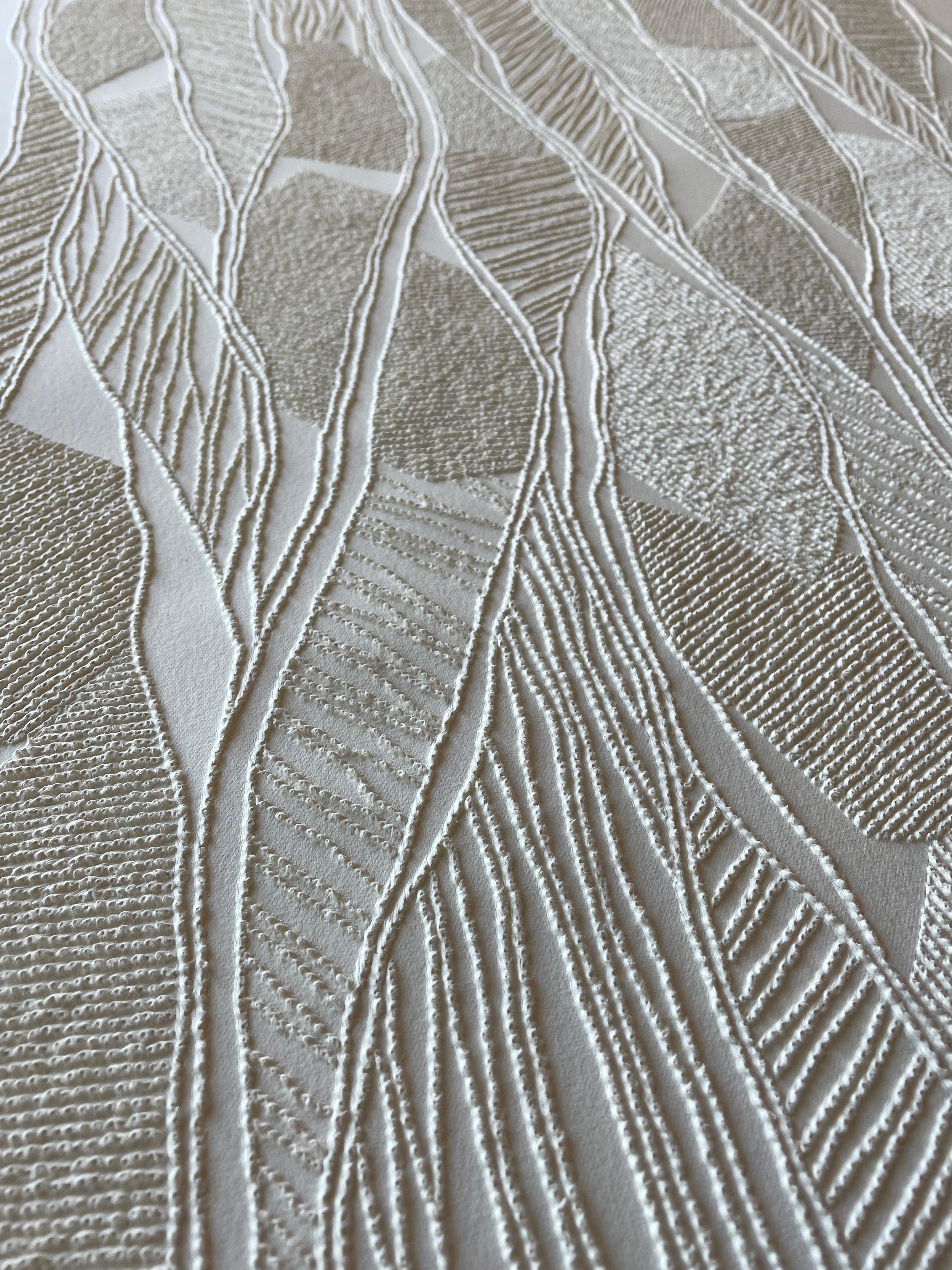 #2- intricate beige 3D abstract aerial landscape drawing with pulled paper fiber - Sculpture by Antonin Anzil
