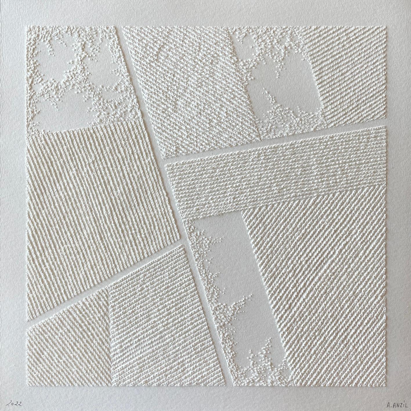 Antonin Anzil Abstract Drawing - #7- intricate beige 3D abstract aerial landscape drawing with pulled paper fiber