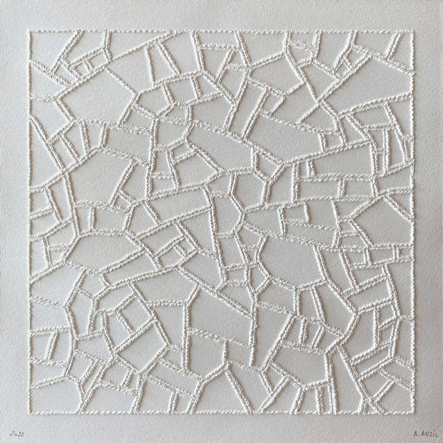 Antonin Anzil Abstract Drawing - #8- intricate beige 3D abstract aerial landscape drawing with pulled paper fiber