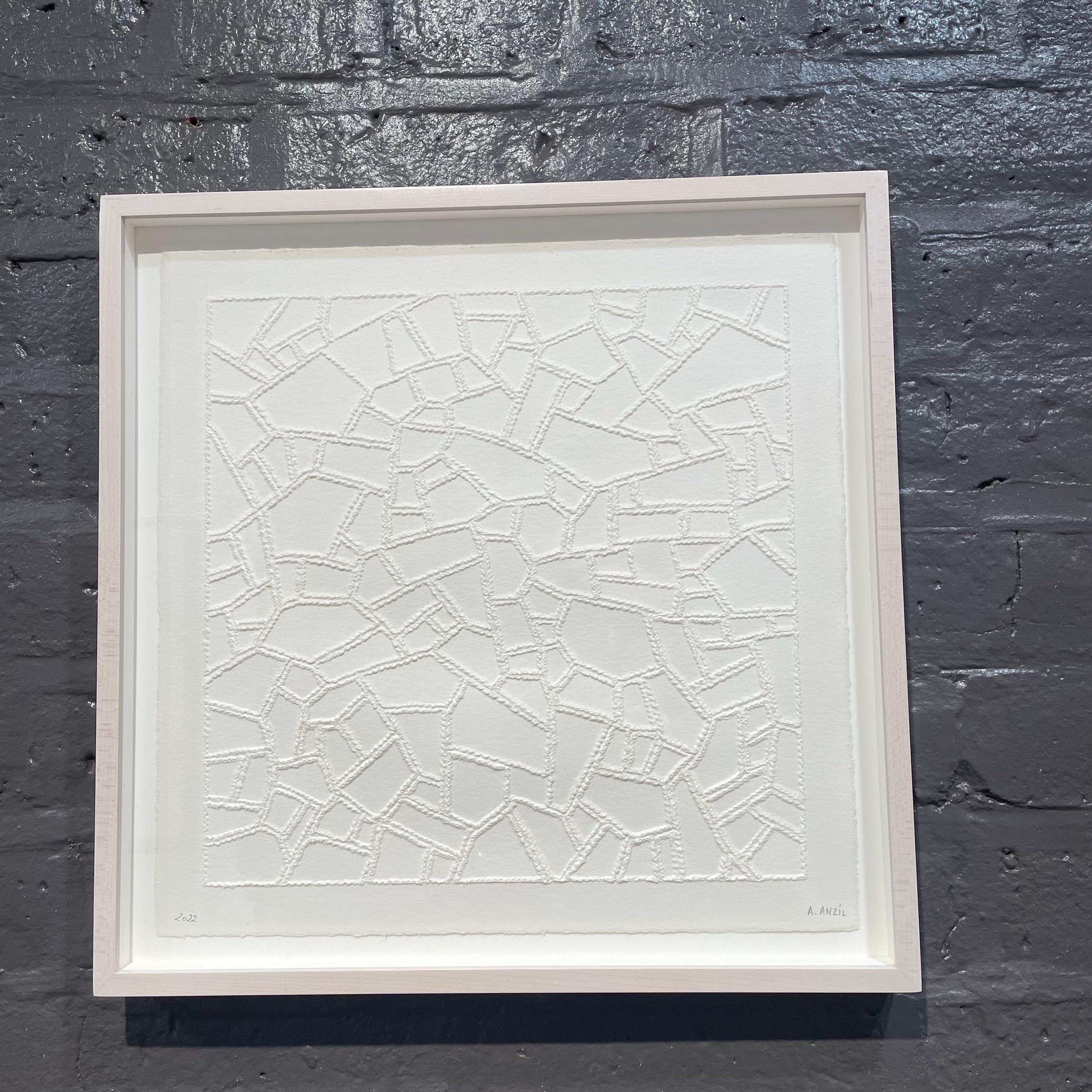#8- intricate beige 3D abstract aerial landscape drawing with pulled paper fiber - Beige Abstract Drawing by Antonin Anzil
