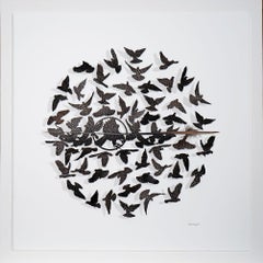 City Bird Scene - black & white bird feather 3D wall sculpture collage on paper 