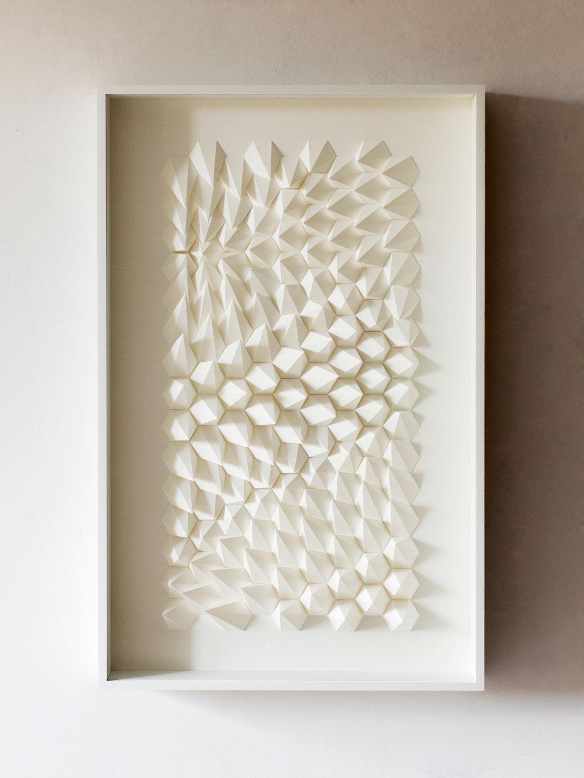 Anna Kruhelska Abstract Drawing - U 185 - white abstract geometric minimalist 3D composition with folded paper 