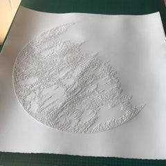 Moon 1 - intricate white 3D abstract geometric circle pulled paper drawing