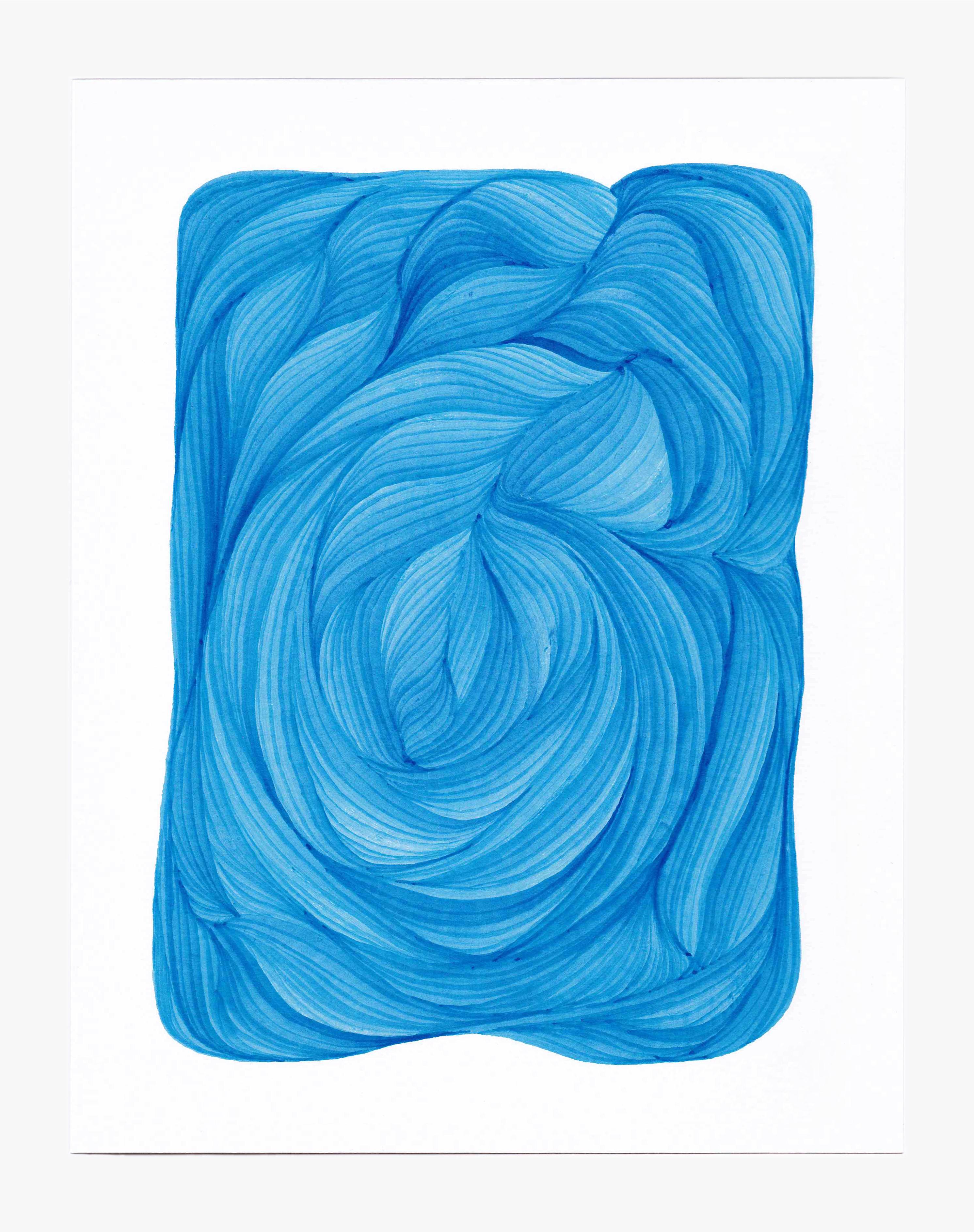 Linien 4 - Abstrakte geometrische leuchtend blaue Tuschezeichnung auf Papier