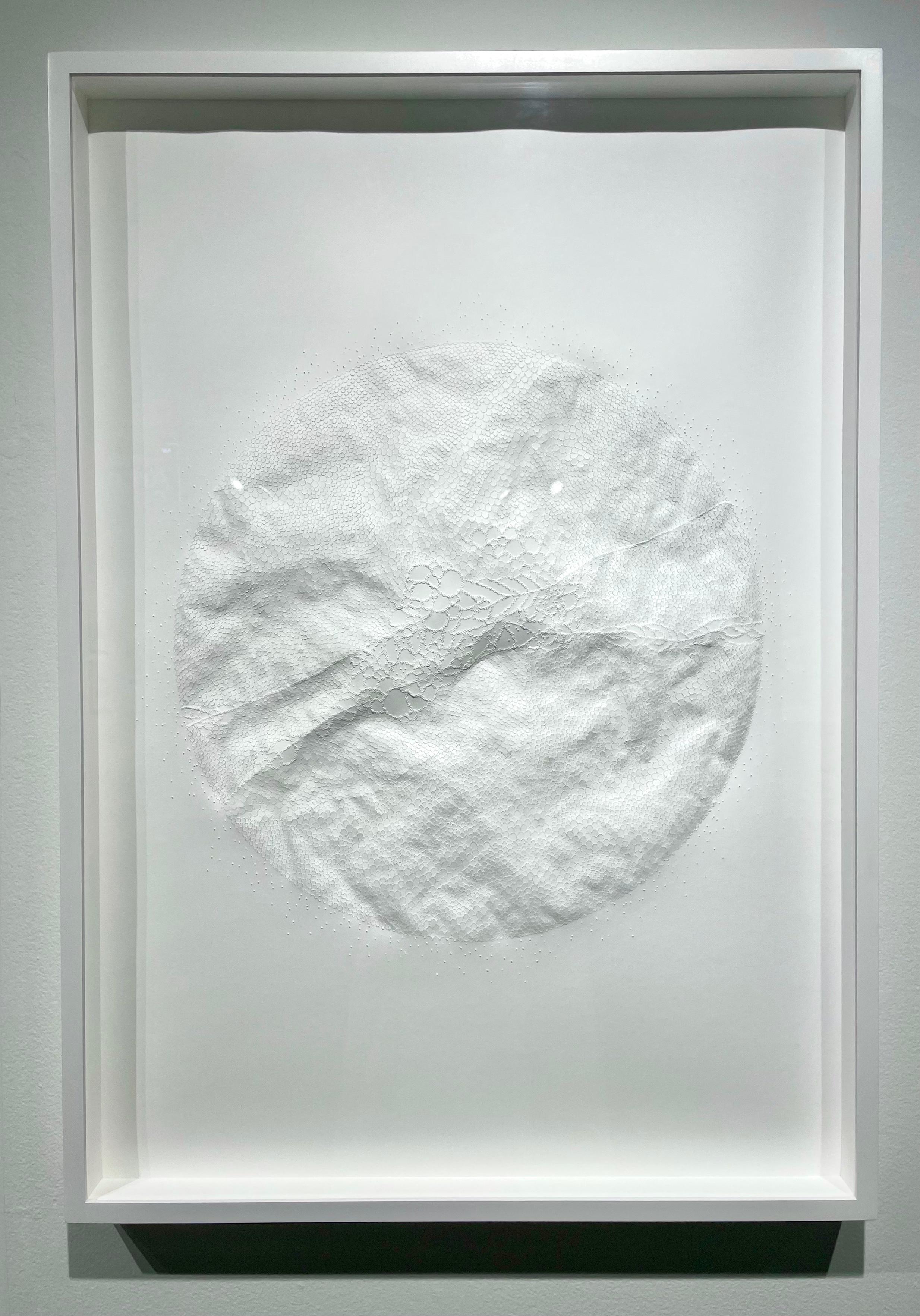 EC 16 - textural abstract circle shape nature inspired white sculpted paper - Abstract Sculpture by Anne-Charlotte Saliba