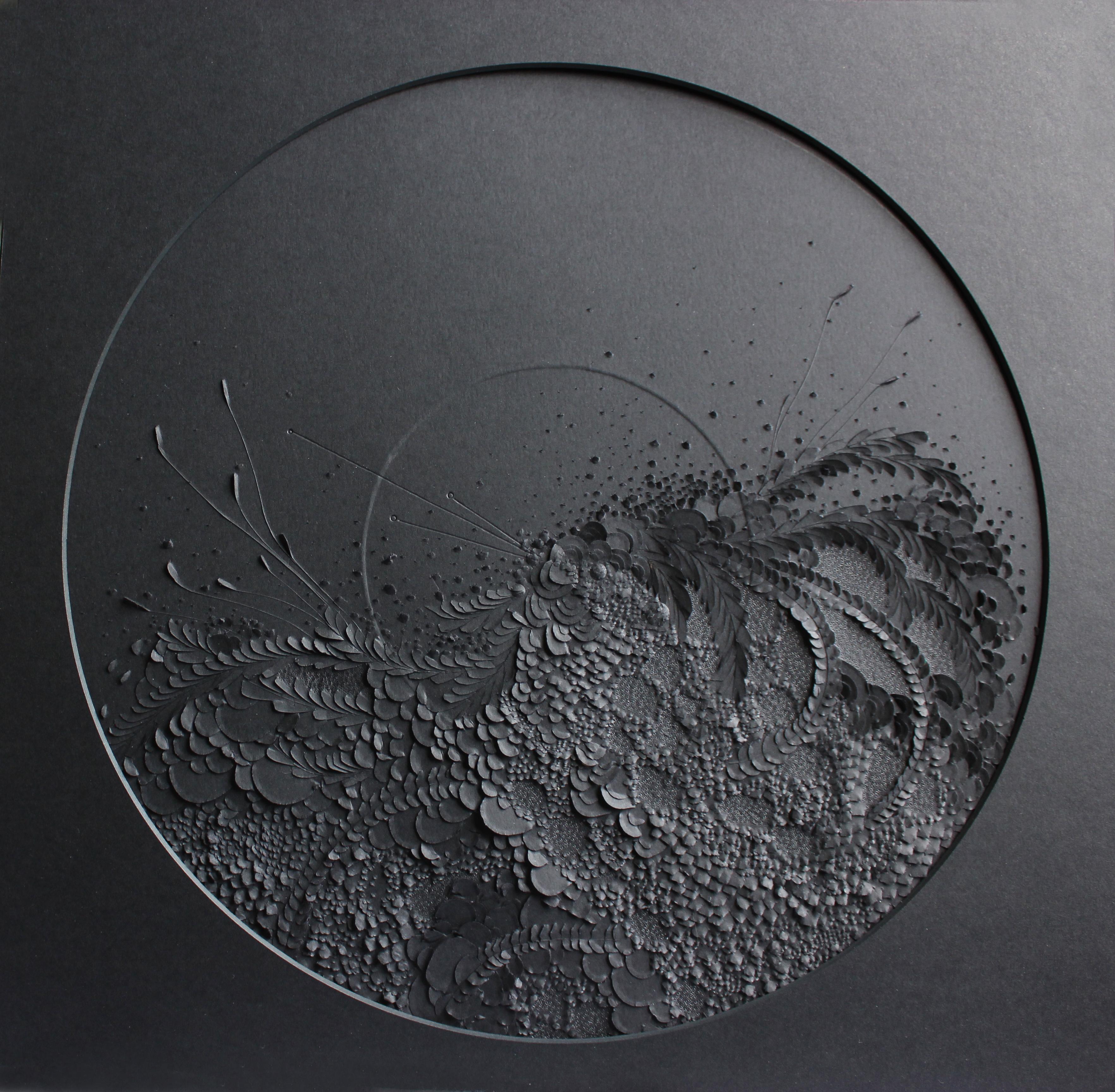 Anne-Charlotte Saliba Abstract Drawing - Black landscape 14 - round textural abstract nature inspired sculpted paper