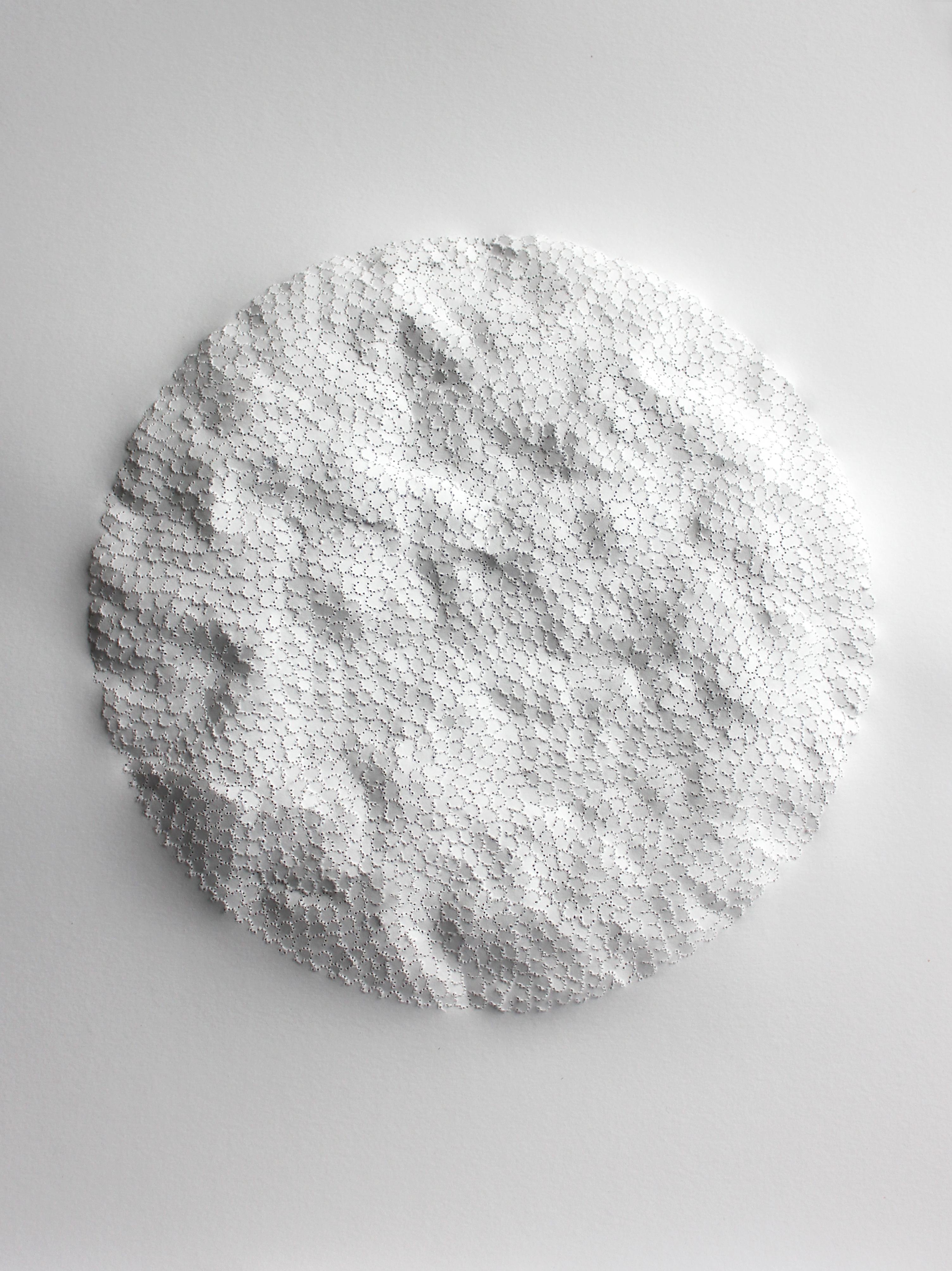 Anne-Charlotte Saliba Abstract Drawing - White Moon EC 17 - round textural abstract nature inspired 3Dsculpted paper