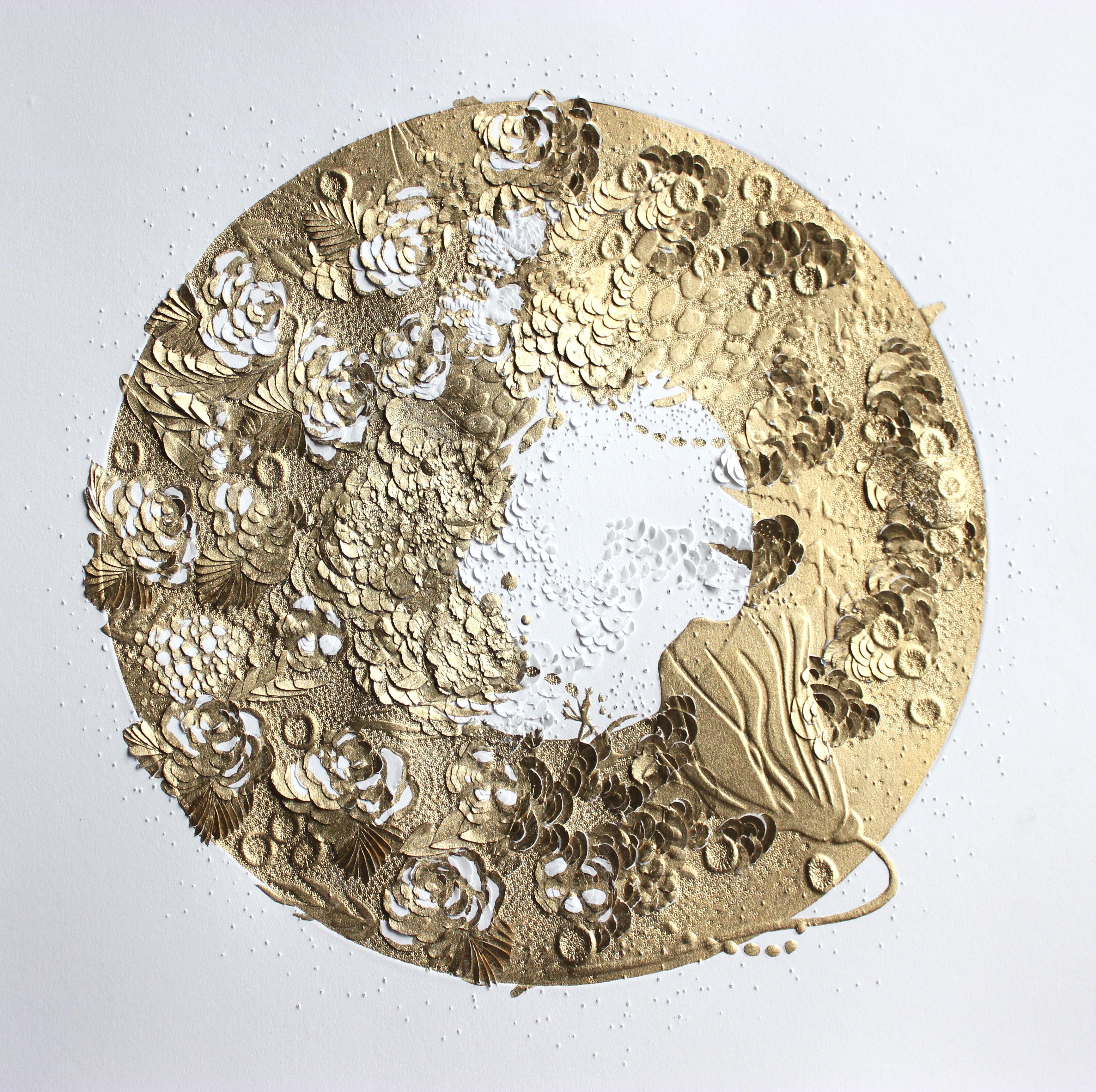 Gold bubble 5 - round textural abstract nature inspired 3D sculpted paper