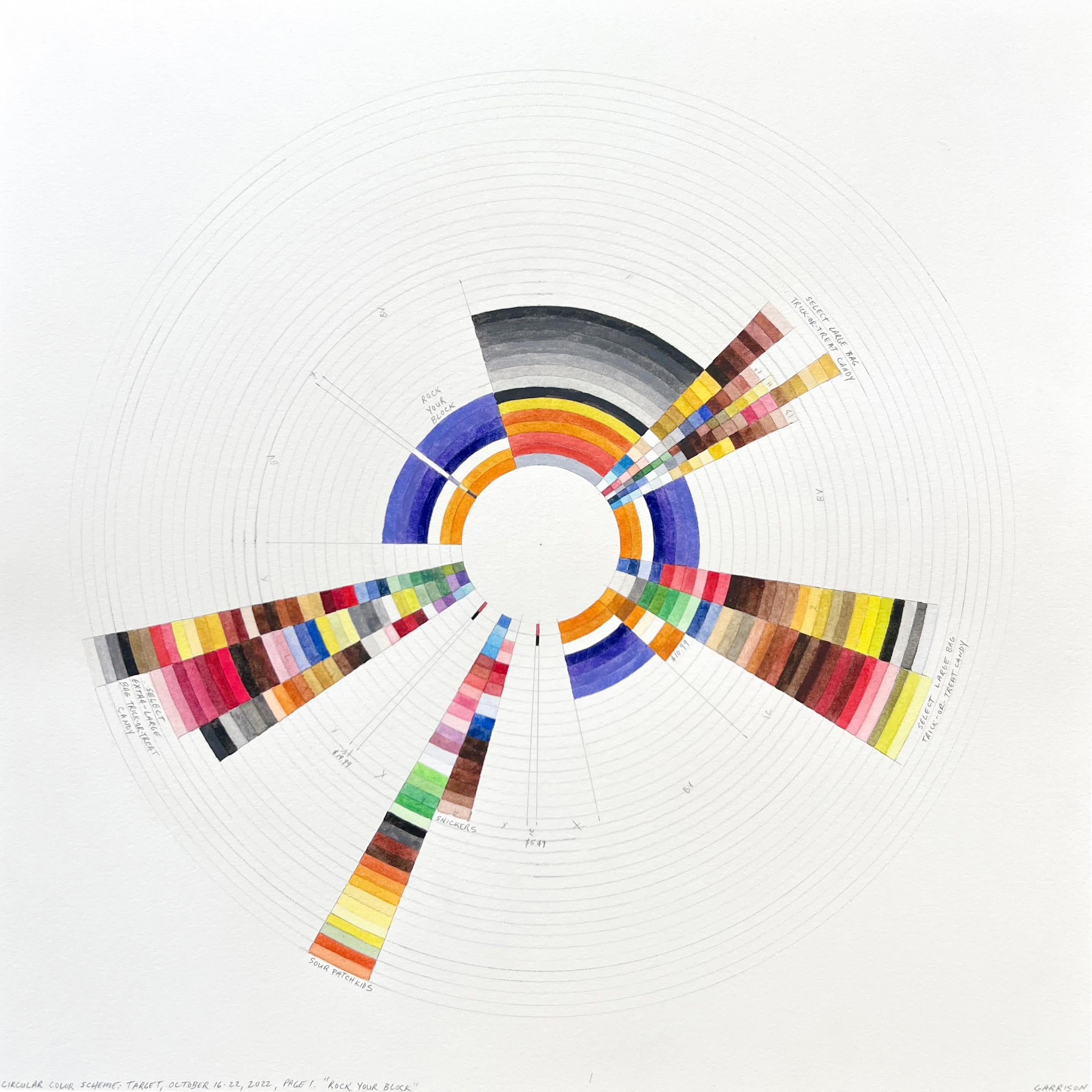 Richard Garrison Abstract Drawing – Rock Your Block – leuchtende Farbe, kreisförmige abstrakte geometrische Aquarellzeichnung