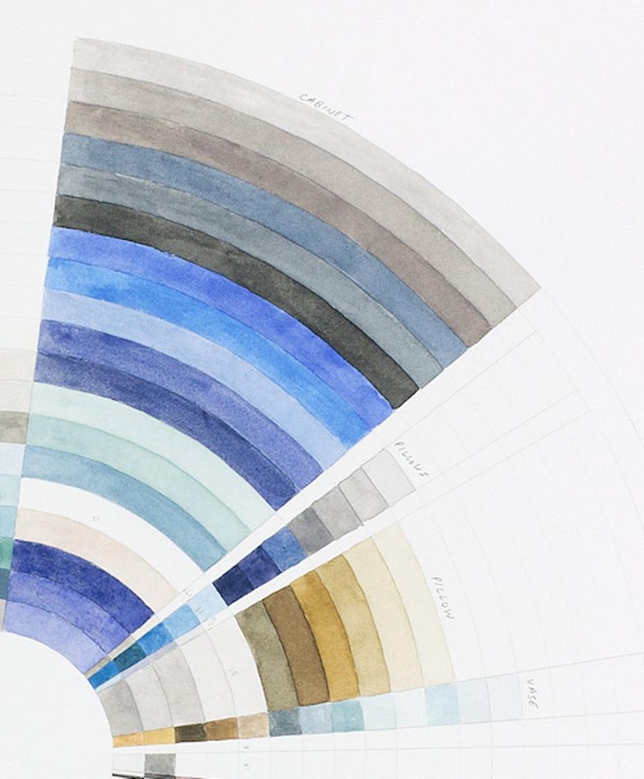 Spring- earth tone blaue Farbe kreisförmige abstrakte geometrische Aquarellzeichnung (Grau), Abstract Drawing, von Richard Garrison