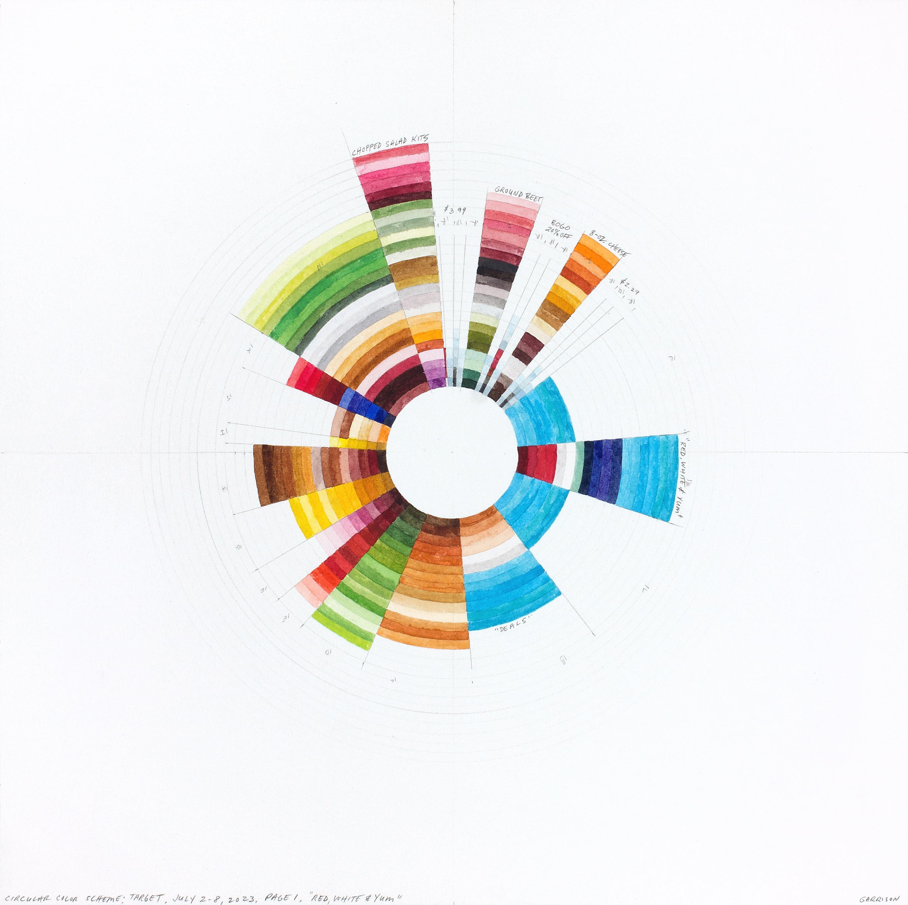 Rot, Weiß und yum - farbenfrohe kreisförmige abstrakte geometrische Aquarellzeichnung