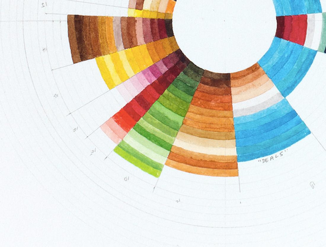 Red, white and yum - colorful circular abstract geometric watercolor drawing - White Abstract Painting by Richard Garrison