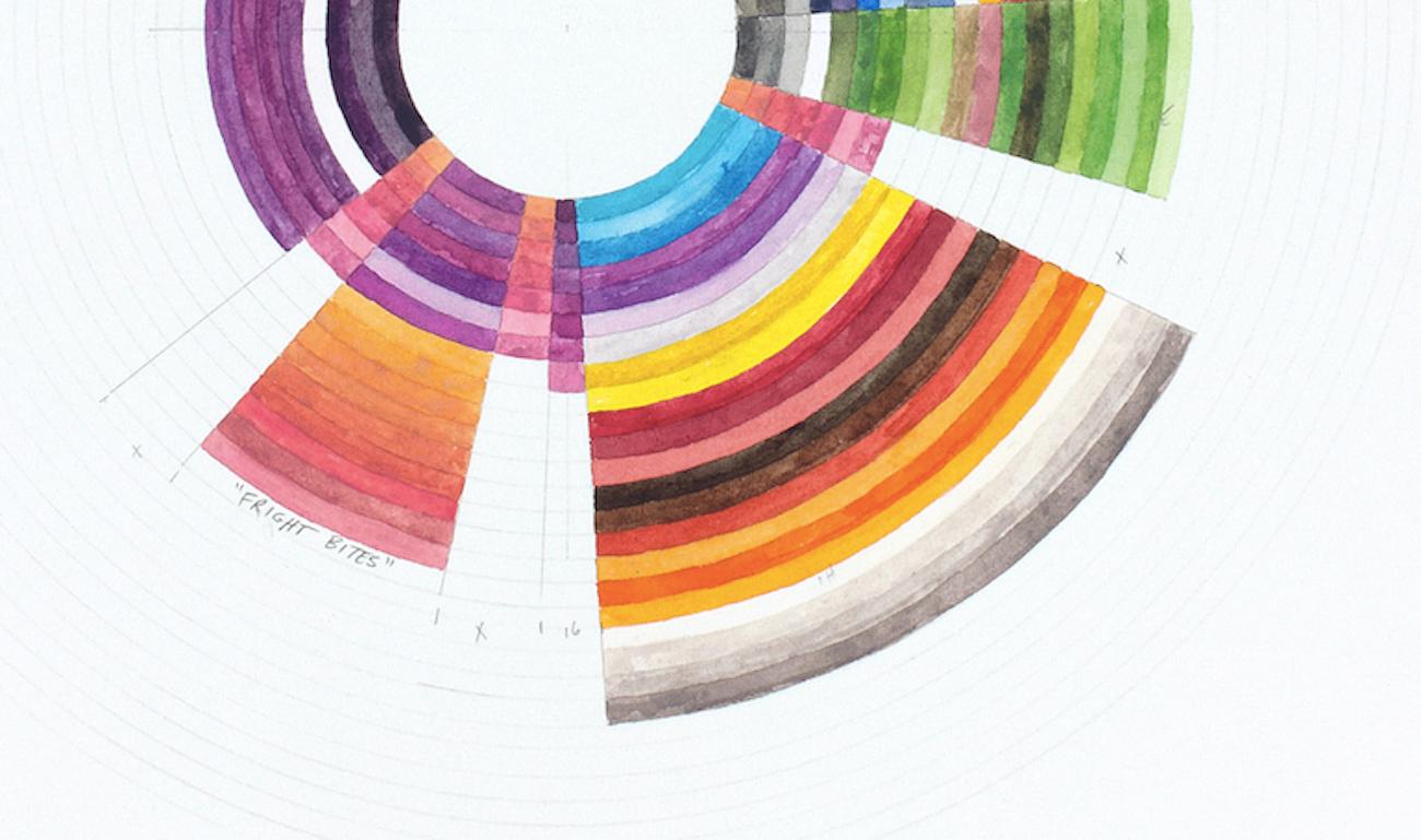 Fright Bites - colorful circular abstract geometric watercolor drawing - Gray Abstract Painting by Richard Garrison