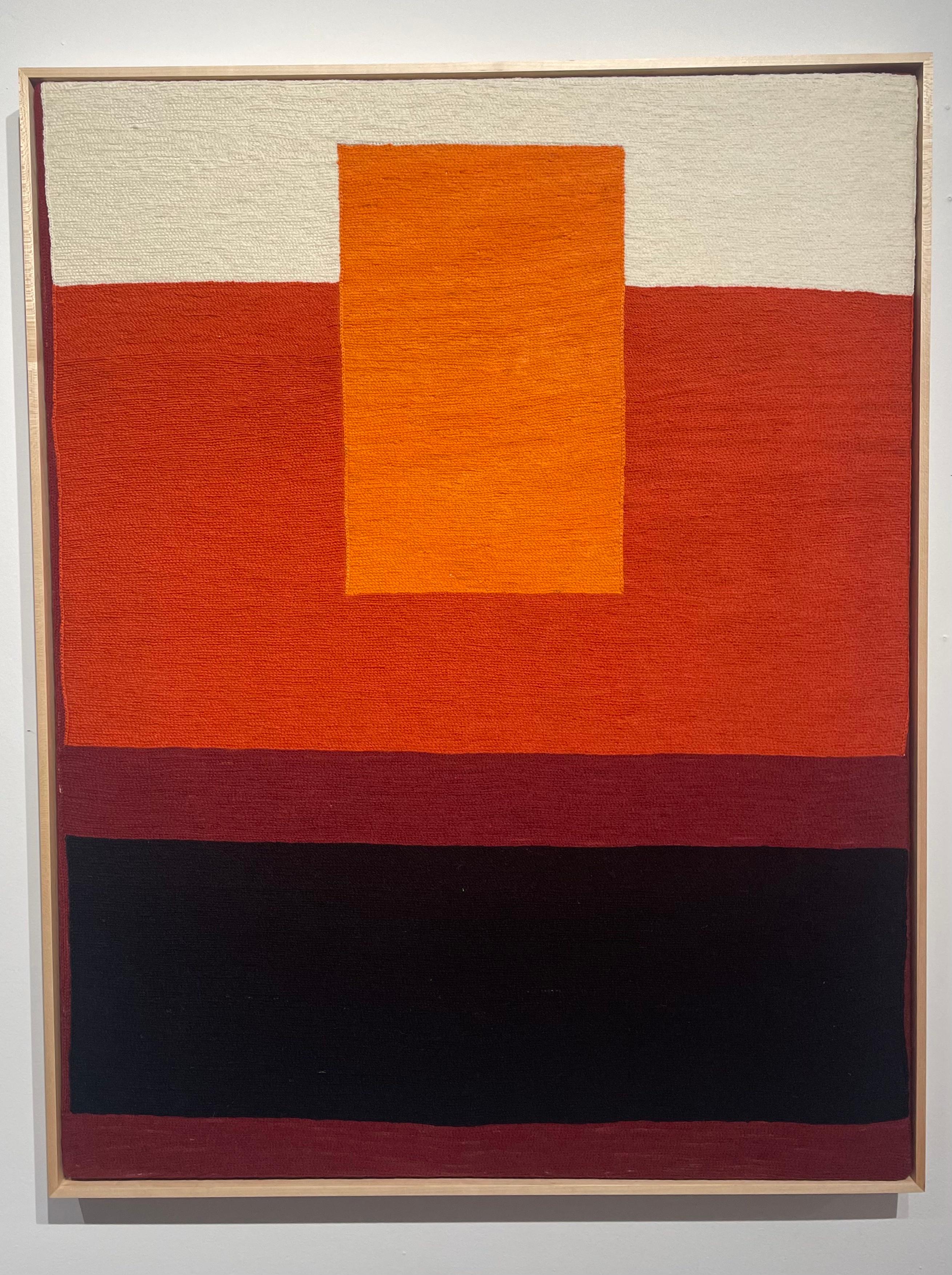Red Meditation -textile abstract geometric orange, burgundy stitched wool framed - Abstract Geometric Art by Alma Prism