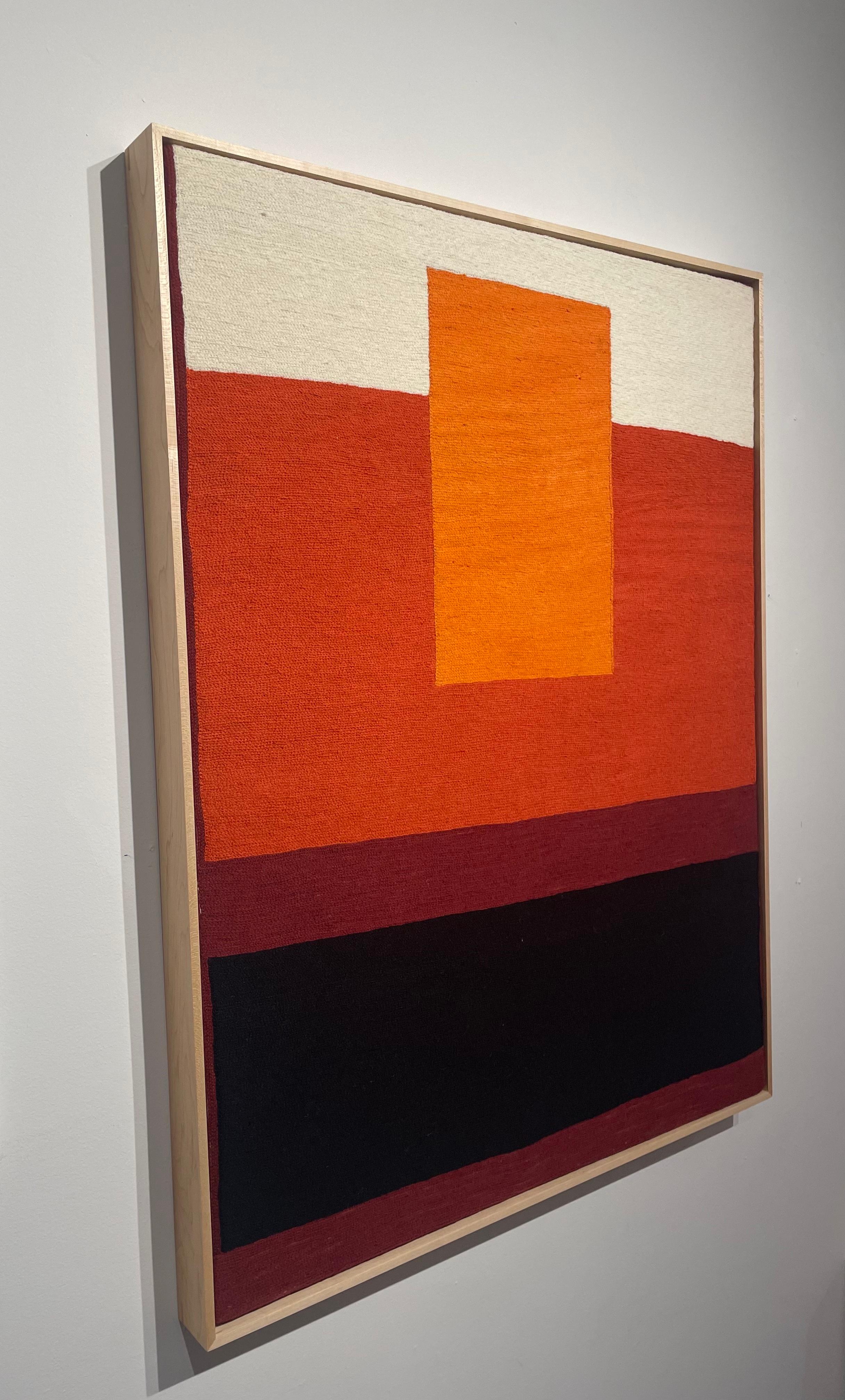 Red Meditation -textile abstract geometric orange, burgundy stitched wool framed 1