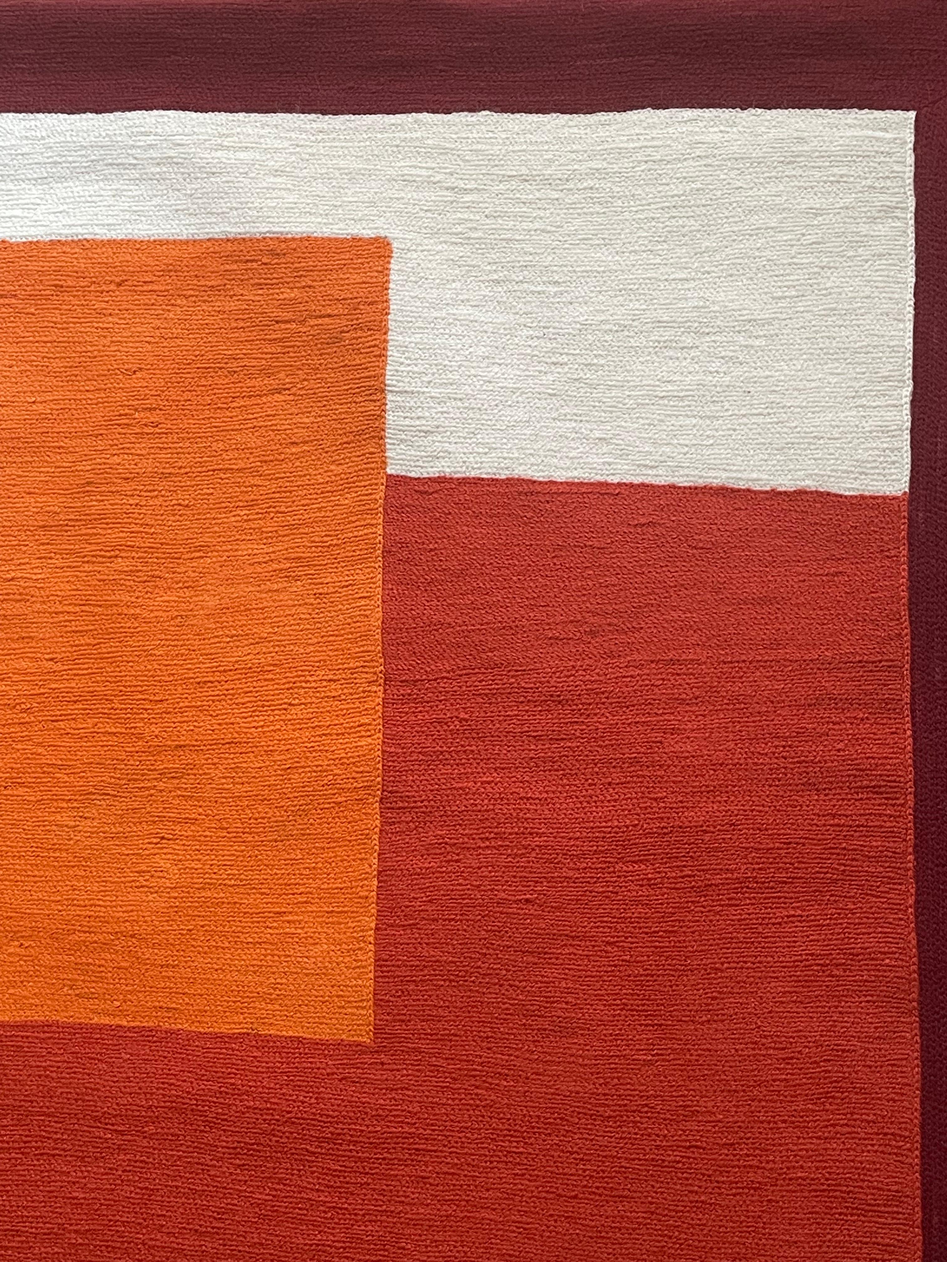 Red Meditation -textile abstract geometric orange, burgundy stitched wool framed 2