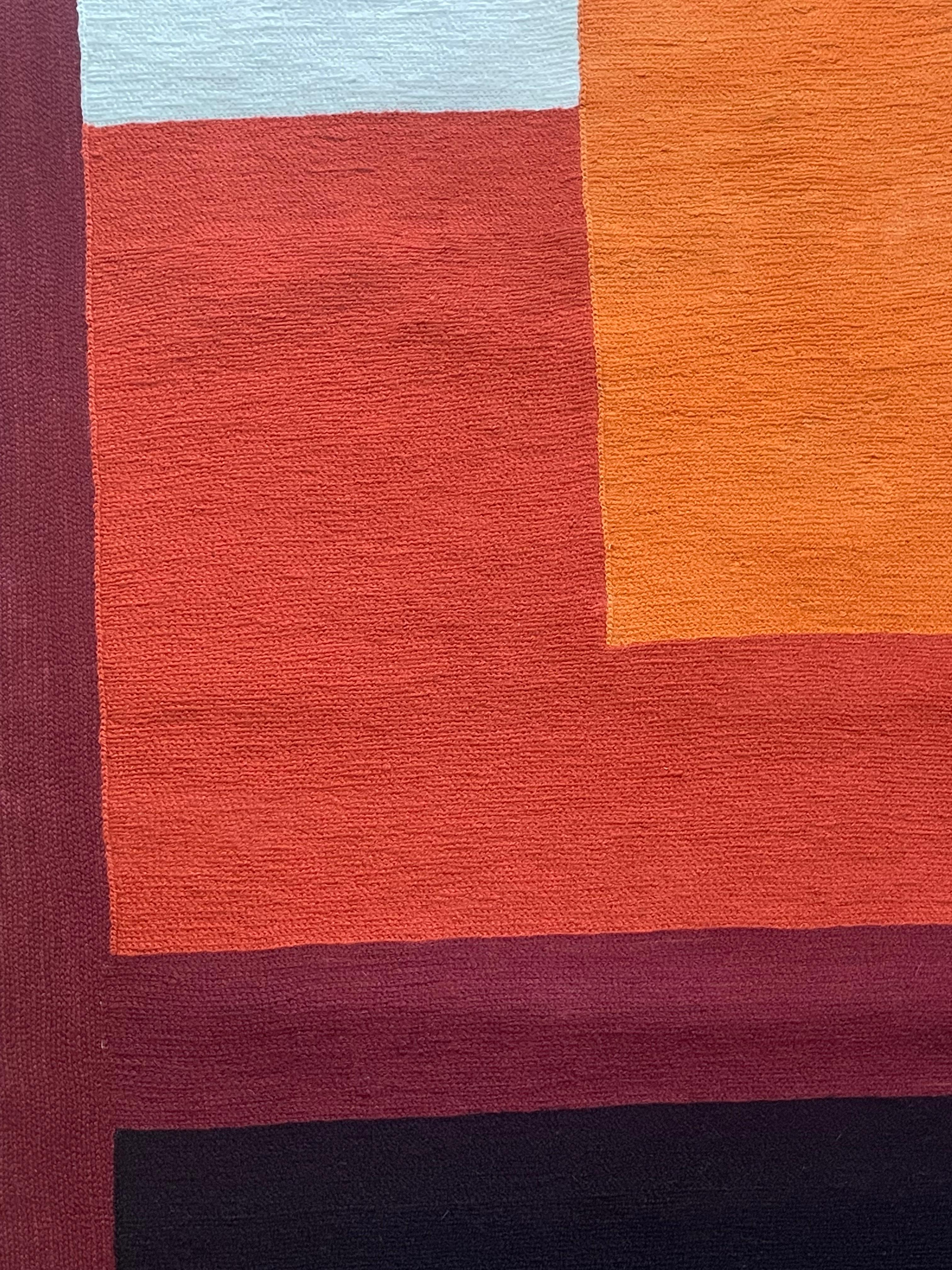 Red Meditation -textile abstract geometric orange, burgundy stitched wool framed 3
