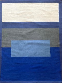 Blue Meditation -textile abstract geometric grey, white stitched wool framed