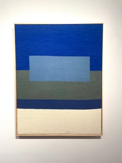 Blue Meditation -textile abstract geometric grey, white stitched wool framed