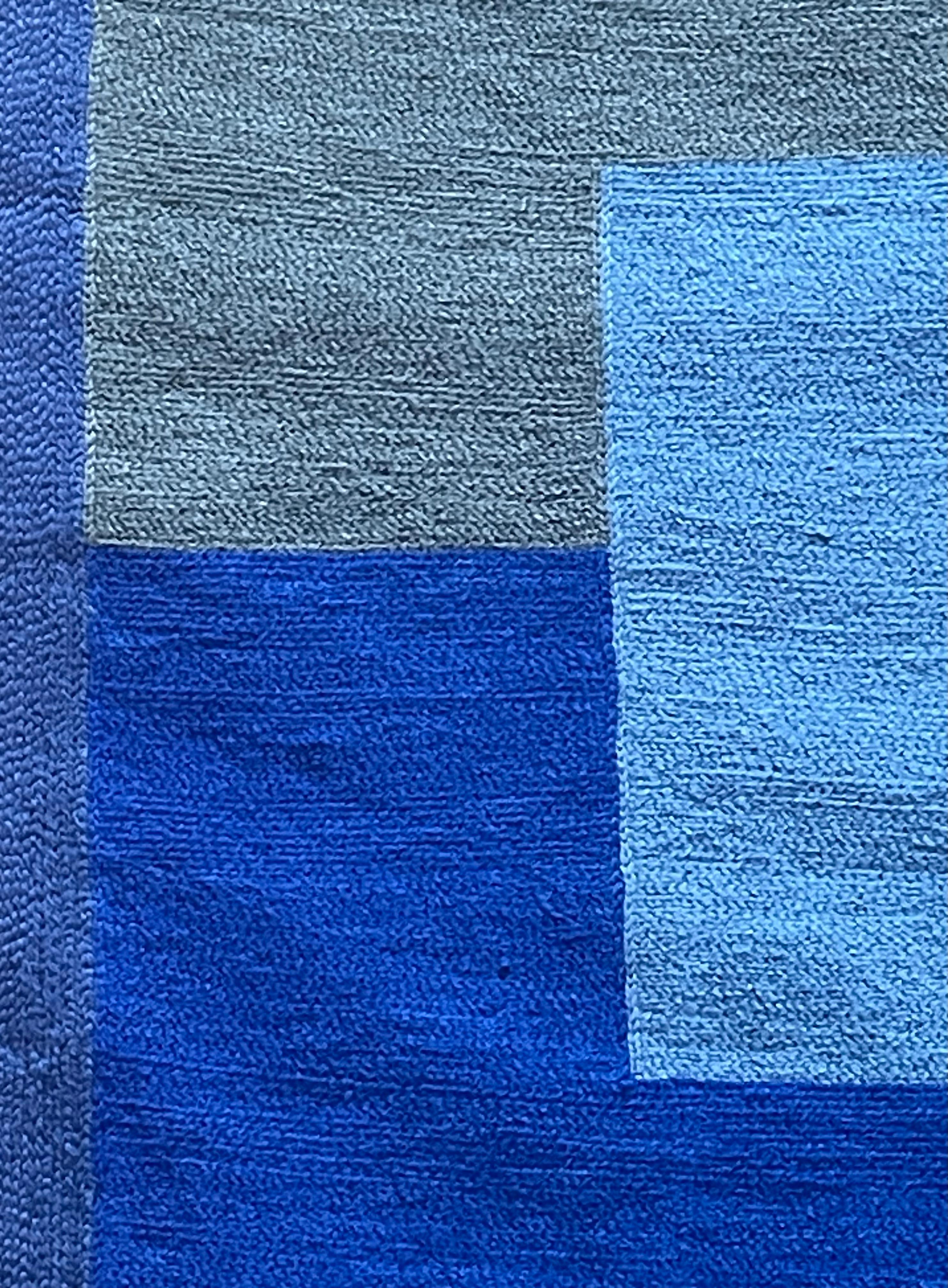 Meditazione blu - tessuto astratto geometrico grigio, bianco cucito in lana incorniciato in vendita 1