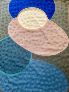 Blue Pond -textile abstract geometric grey, white stitched wool framed