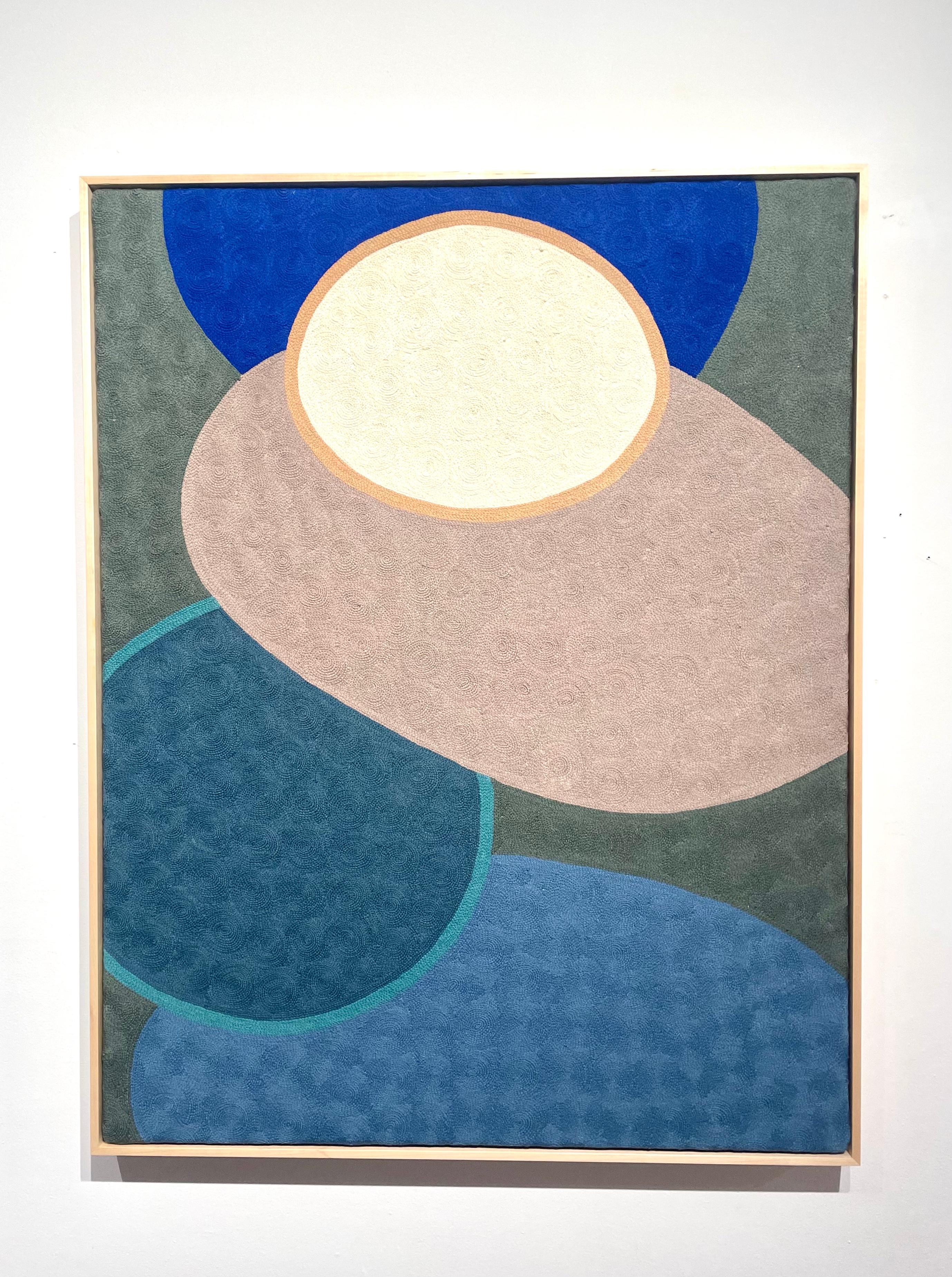 Blue Pond -textile abstract geometric grey, white stitched wool framed - Abstract Geometric Art by Alma Prism