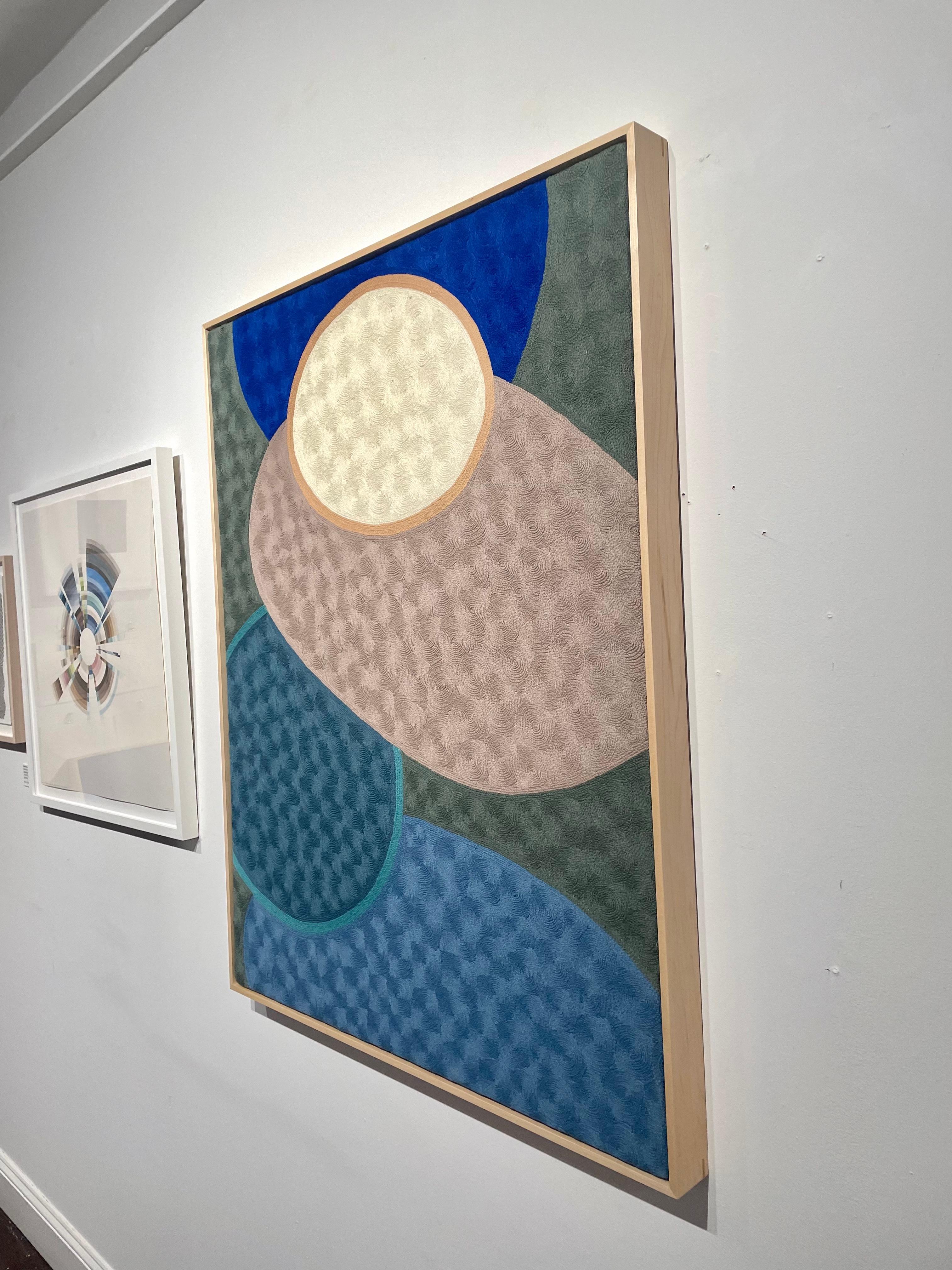 Blue Pond -textile abstract geometric grey, white stitched wool framed 1