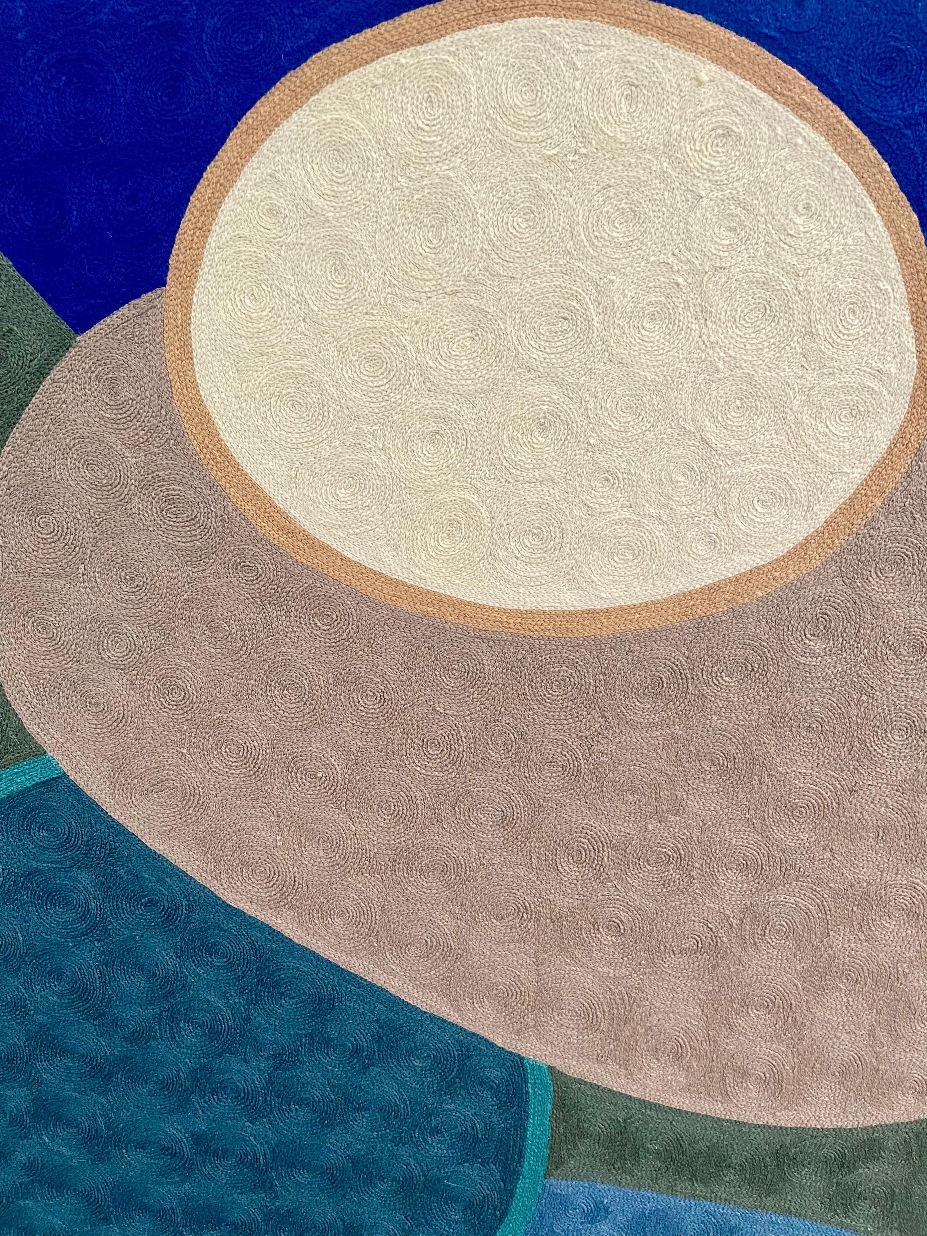 Blue Pond -textile abstract geometric grey, white stitched wool framed 2