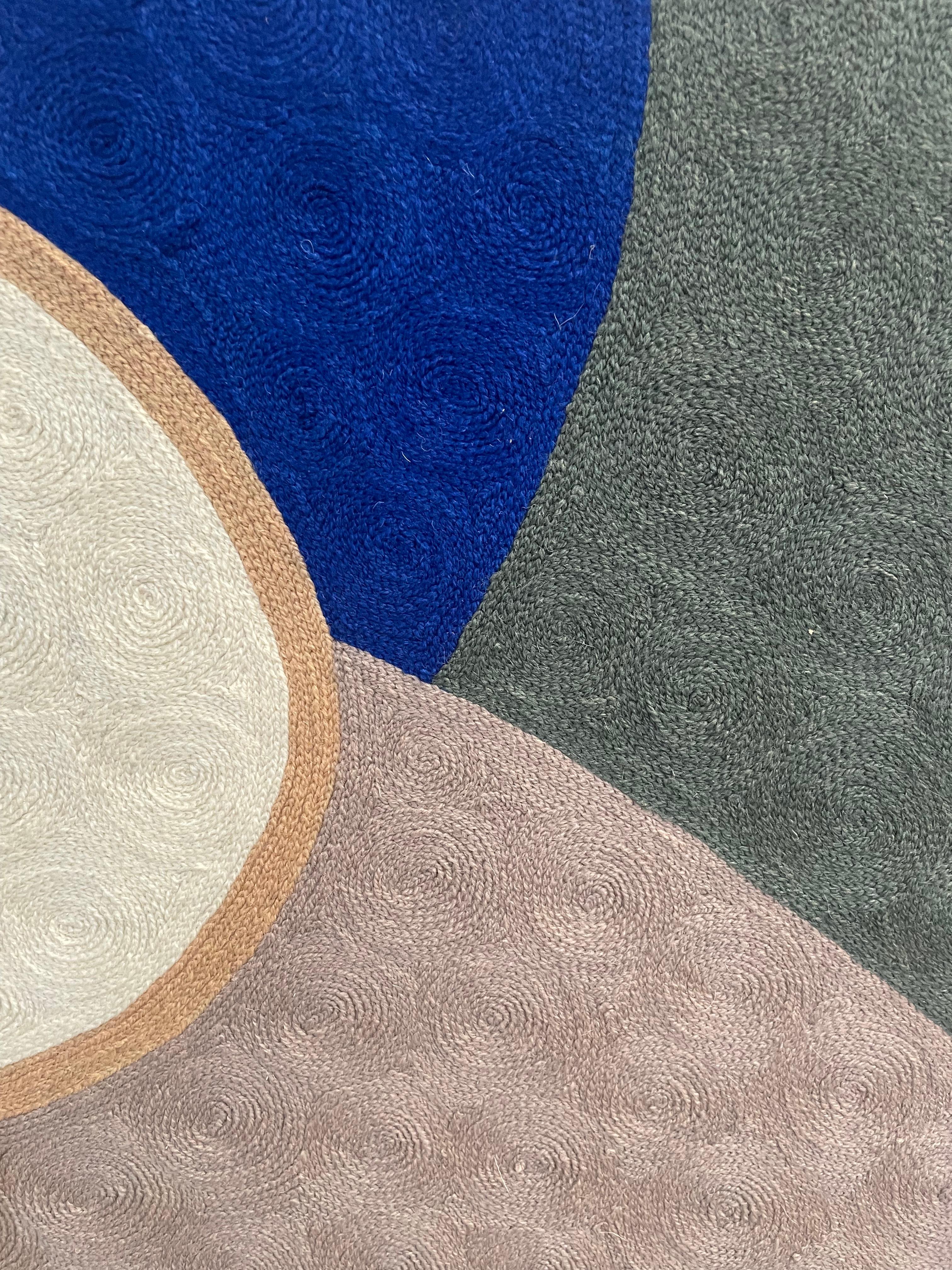 Blue Pond -textile abstract geometric grey, white stitched wool framed 4