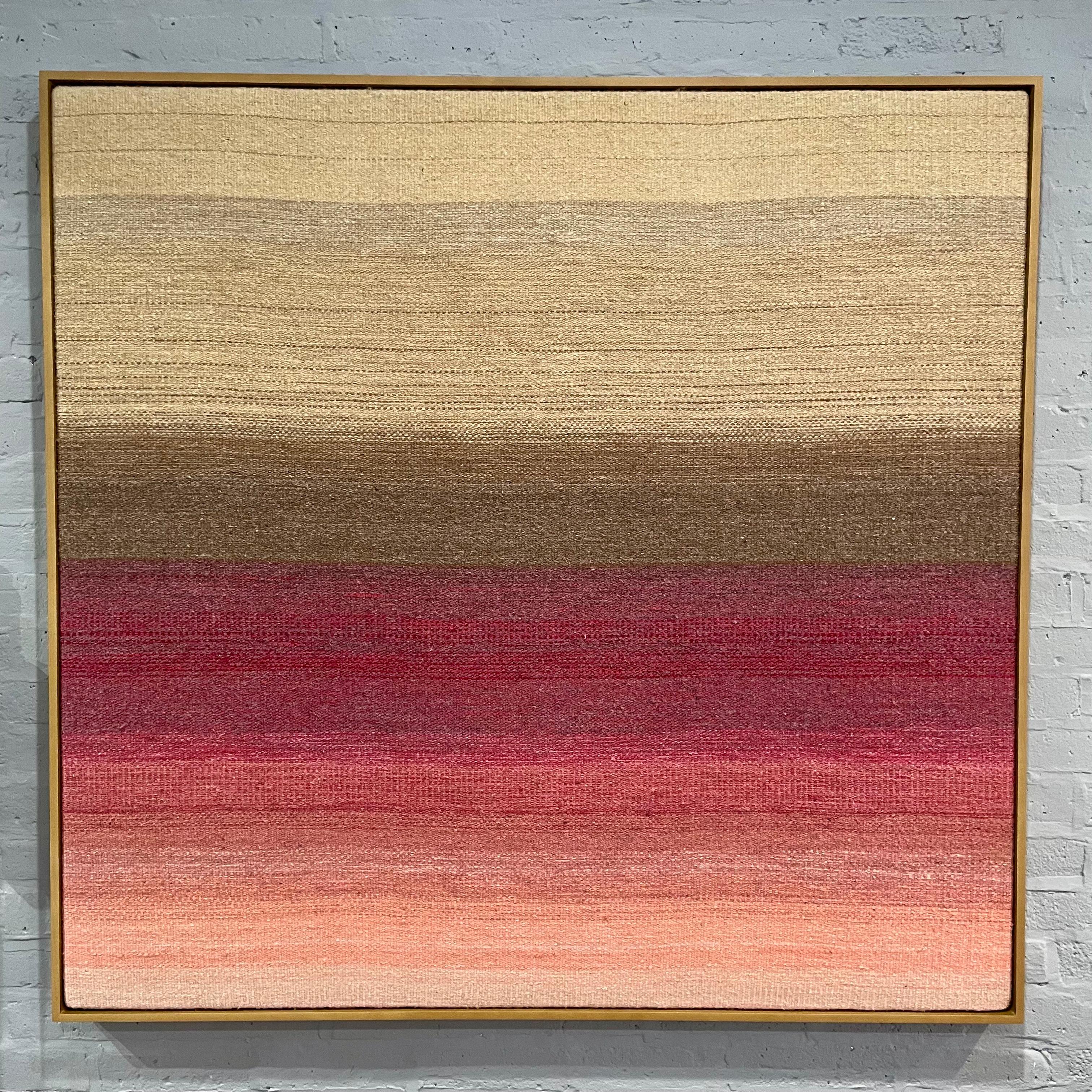 Pink Evolution -textile abstract beige, brown, pink handwoven wool framed - Painting by Alma Prism