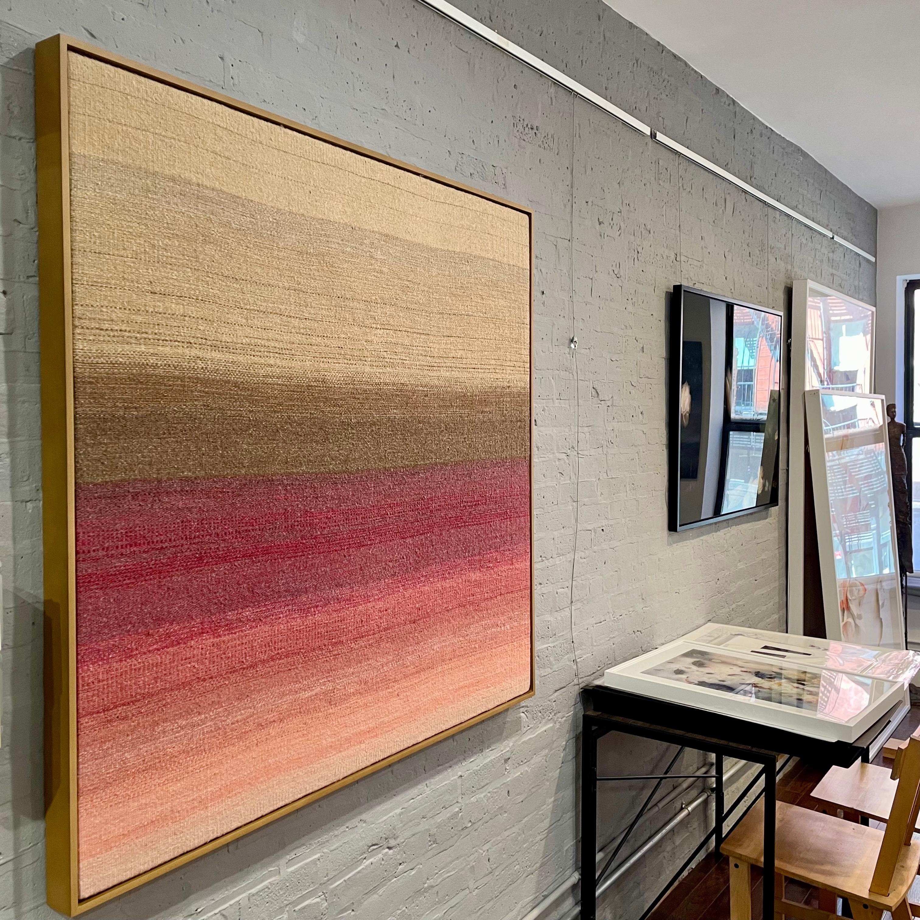 Pink Evolution -textile abstract beige, brown, pink handwoven wool framed - Abstract Geometric Painting by Alma Prism