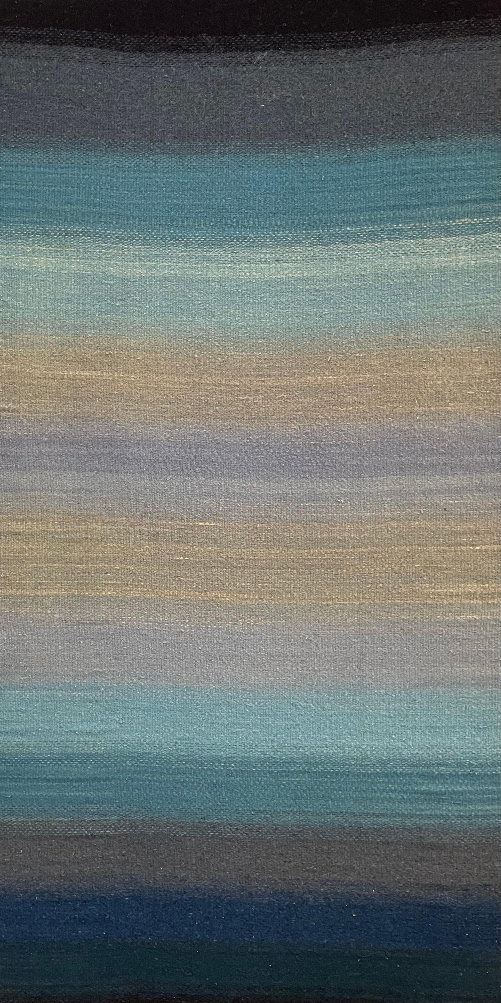Blue Gradient - tessuto astratto in lana beige, blu e grigio con cornice