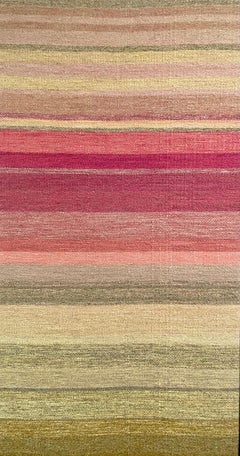 Transizione rosa - tessuto astratto beige, giallo, rosa con cornice in lana intrecciata a mano
