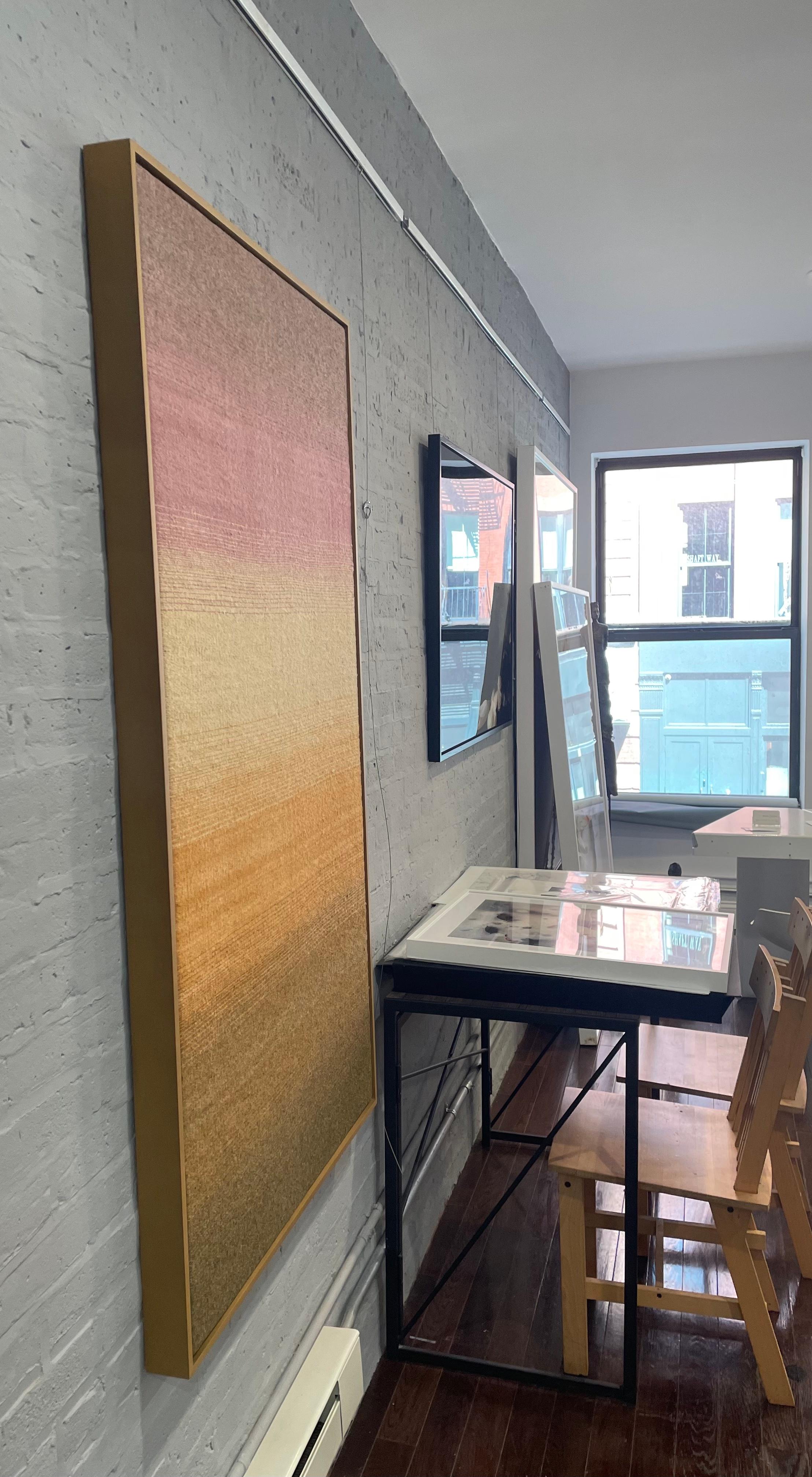 Passage -textile abstract pink, yellow, orange, brown handwoven wool framed - Abstract Geometric Painting by Alma Prism