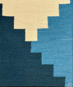 Crossing Path - tessuto astratto geometrico in lana beige e blu con cornice
