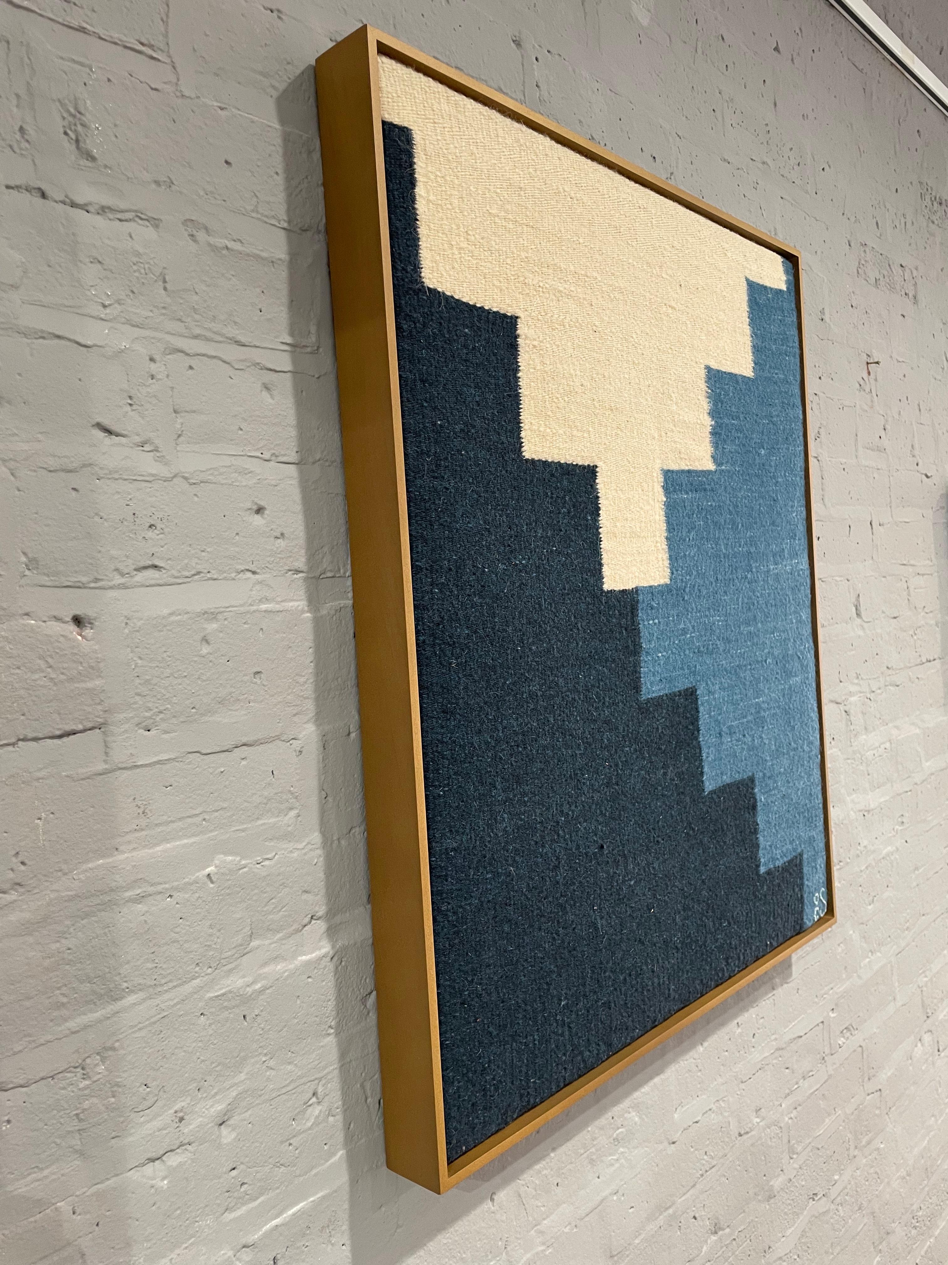 Crossing Path -textile abstrait géométrique beige, bleu tissé à la main encadré en vente 1