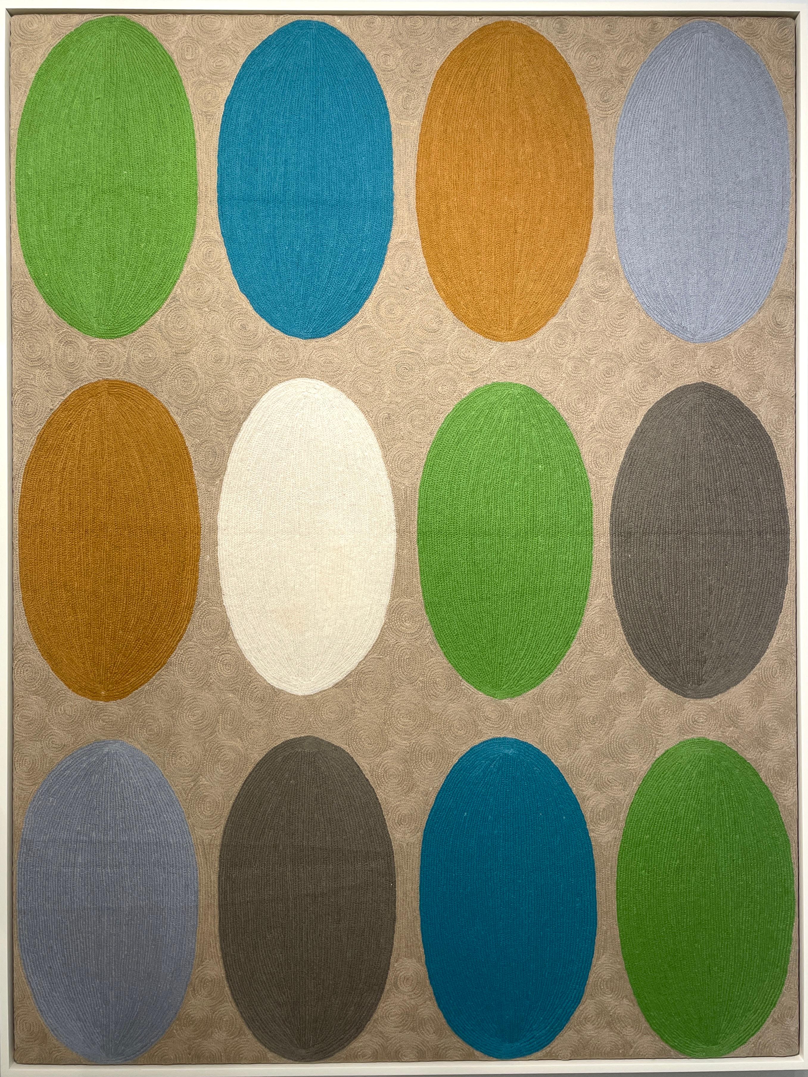 Alma Prism Abstract Painting - Spring Vibes -textile abstract geometric beige, grey, brown stitched wool framed